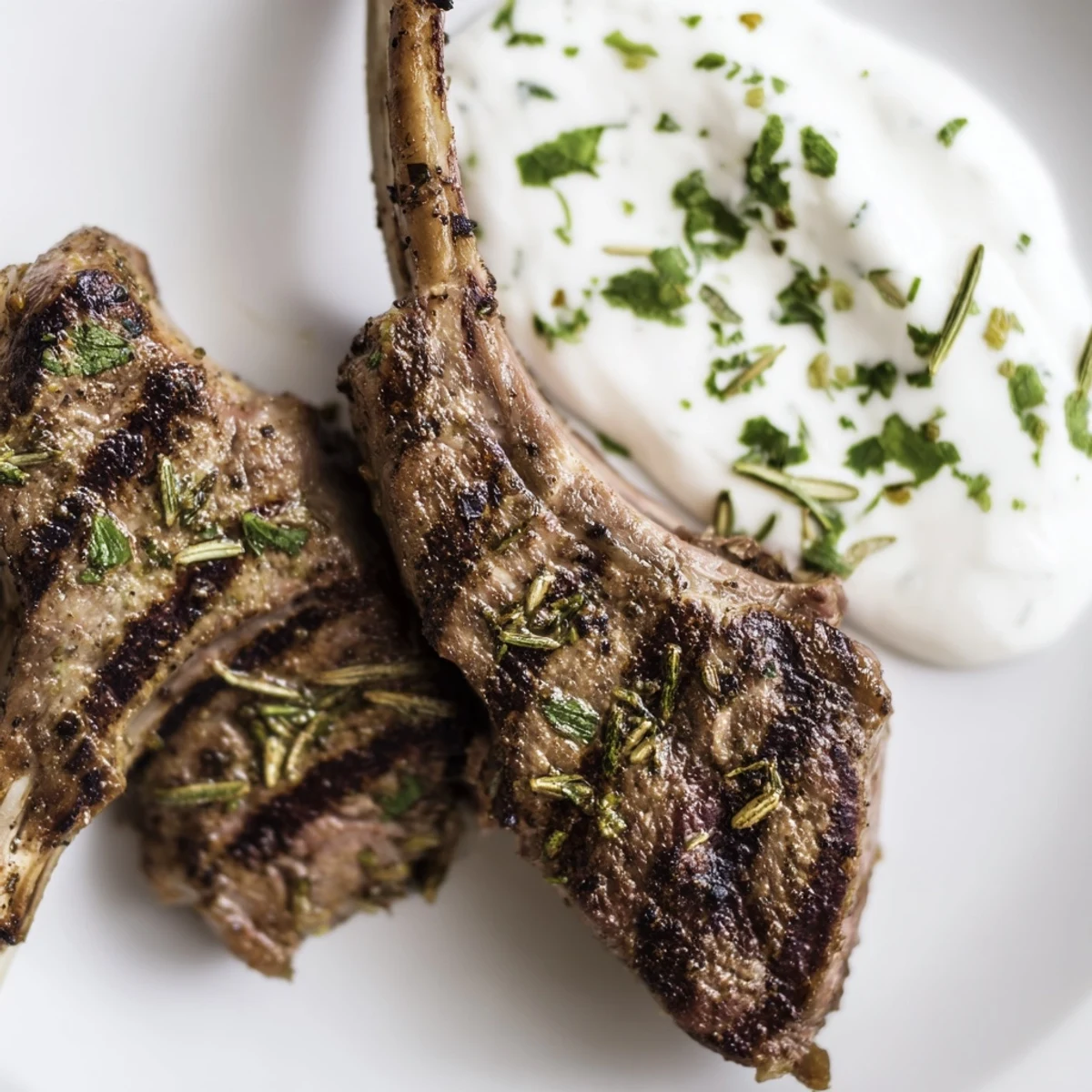 Golden brown grilled lamb cutlets served alongside a bowl of mint yogurt sauce and fresh lemon wedges.