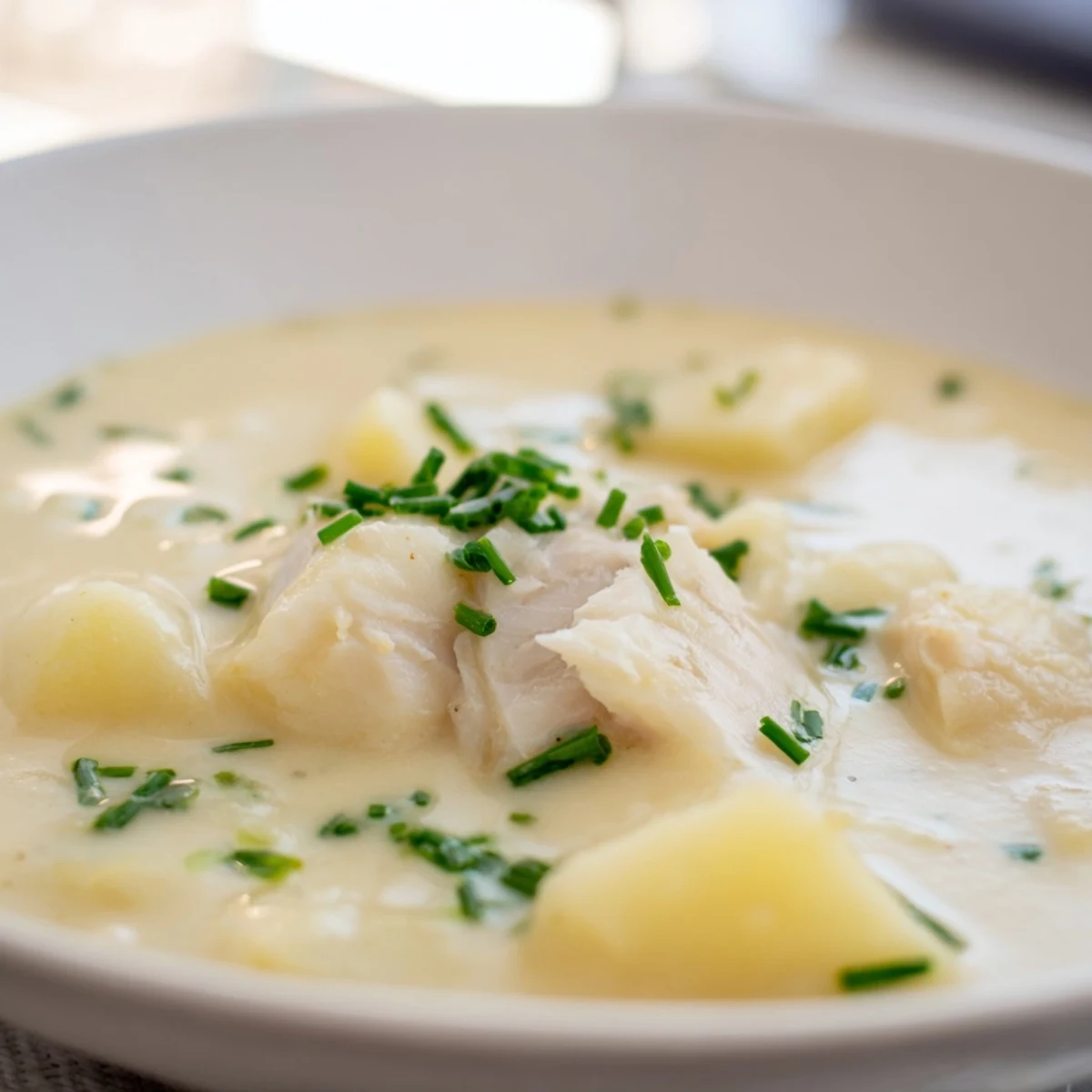 Velvety Creamy Potato and Smoked Haddock Soup served in a rustic bowl, garnished with fresh chives.