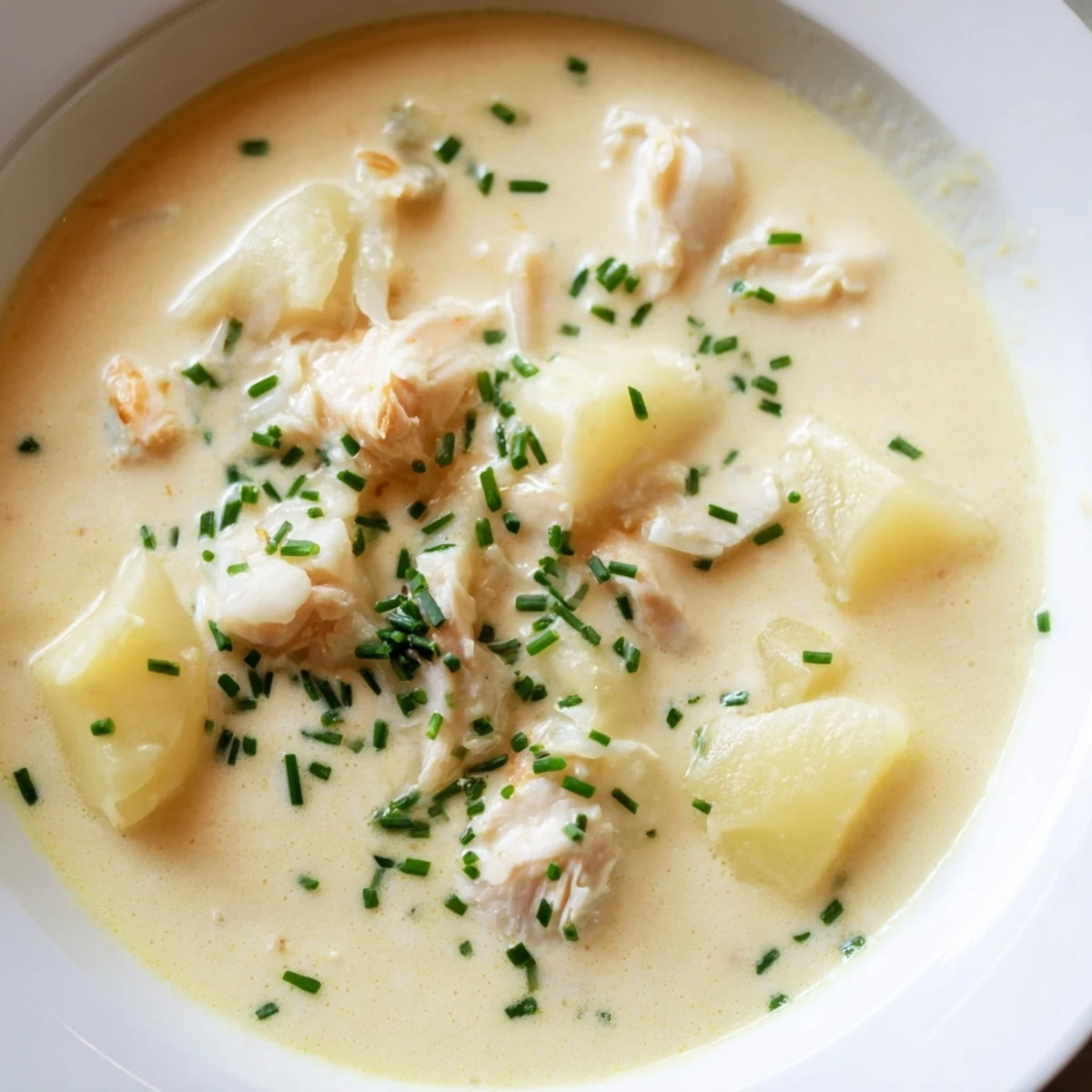 A steaming bowl of Creamy Potato and Smoked Haddock Soup, paired with crusty artisan bread for dipping.