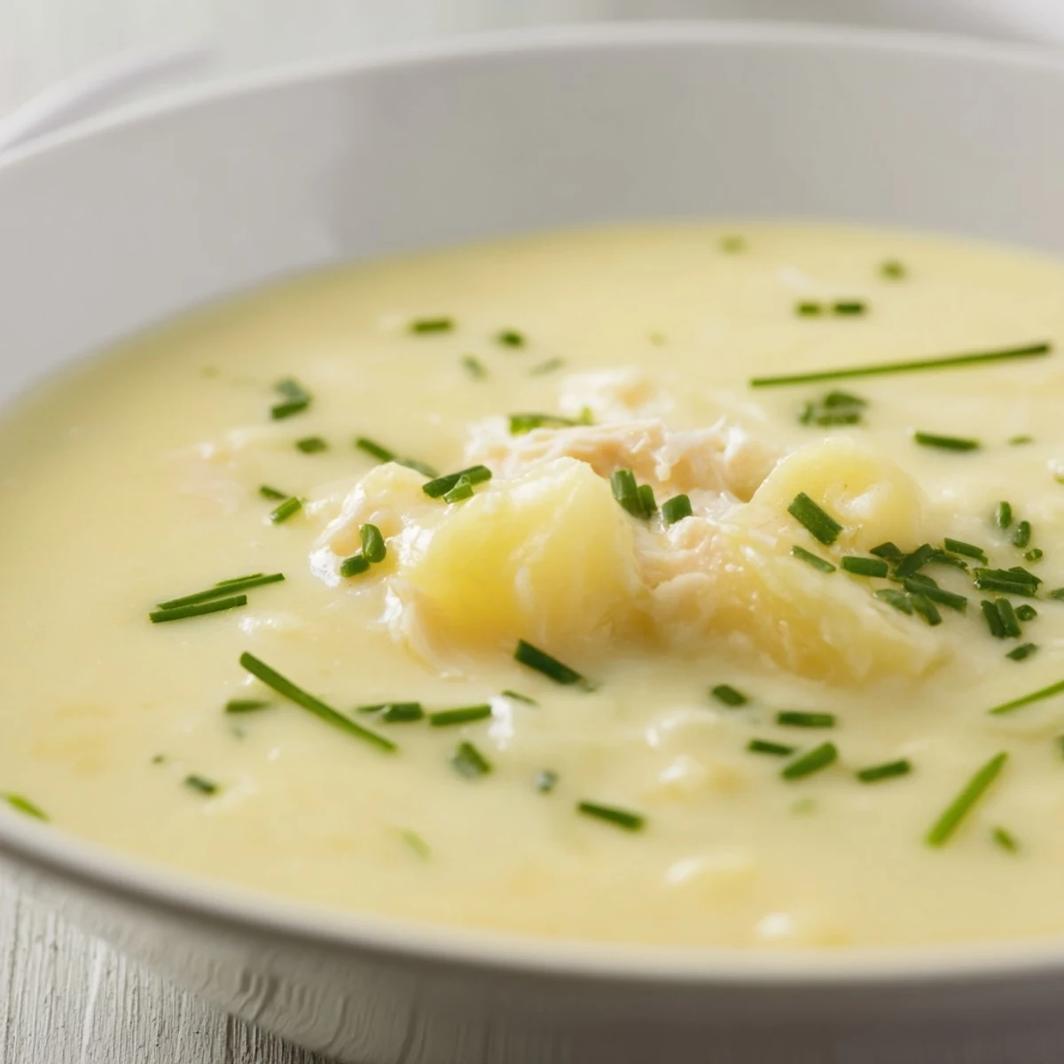 Freshly blended Creamy Potato and Smoked Haddock Soup with a swirl of cream and cracked black pepper.