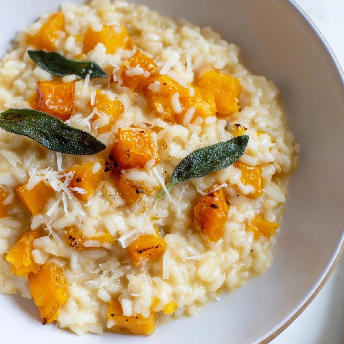 Butternut squash risotto with crispy sage served alongside a glass of white wine.