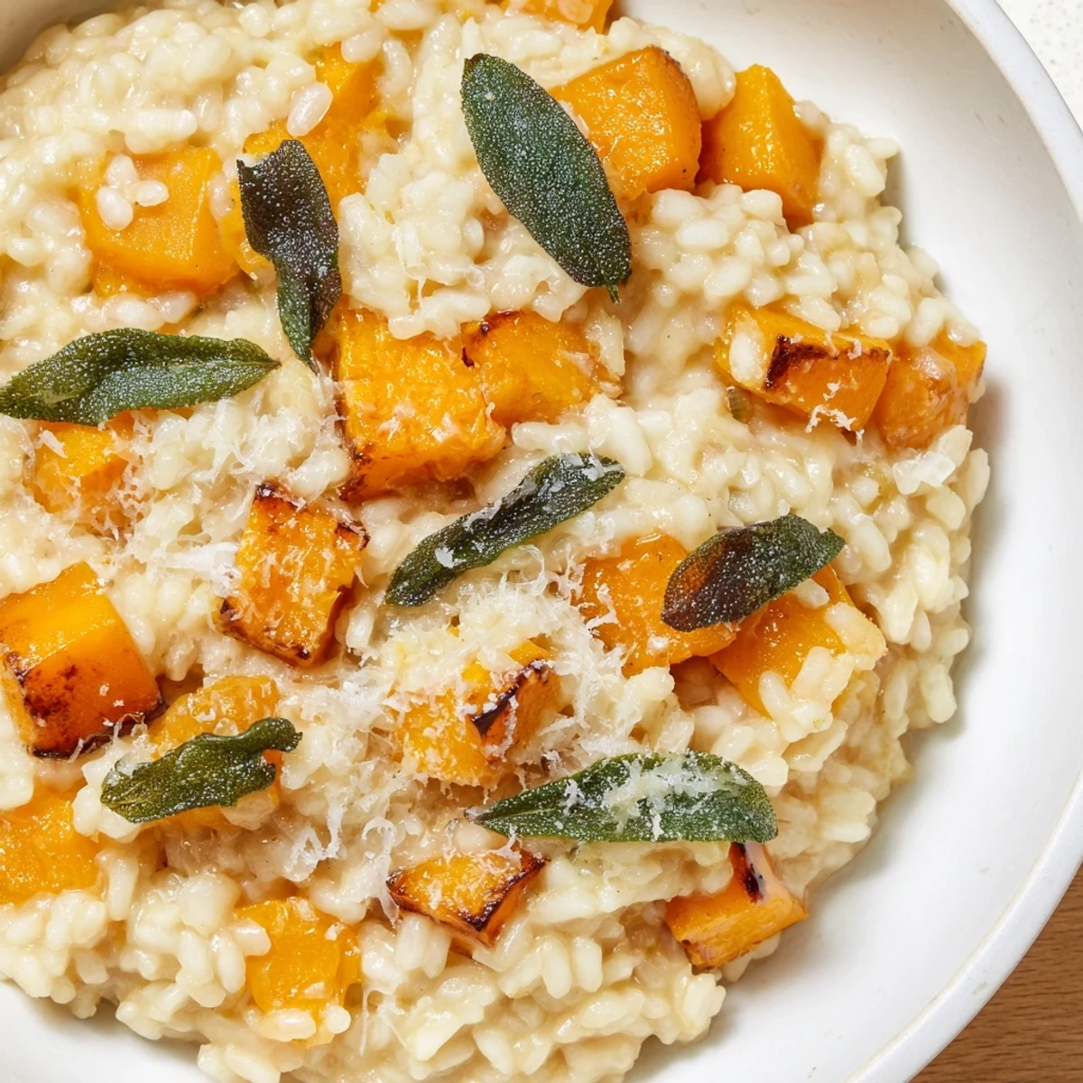 Golden, crispy sage rests atop creamy butternut squash risotto in a rustic white bowl.