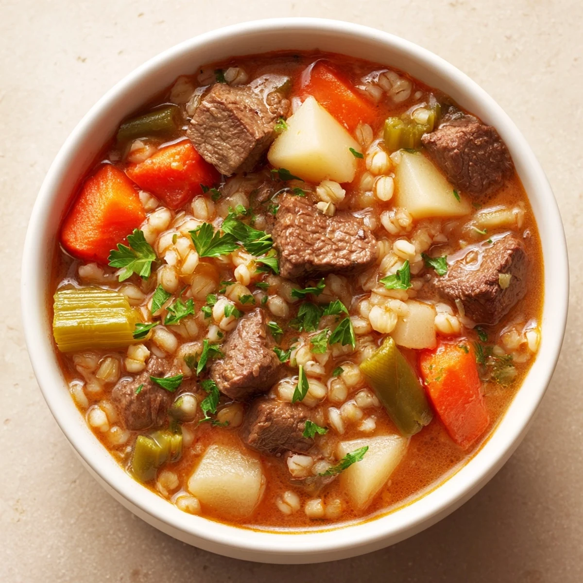 Hearty Beef and Vegetable Barley Stew simmering in a rustic pot, showing tender chunks of beef, carrots, and potatoes in a rich, tomato-based broth.