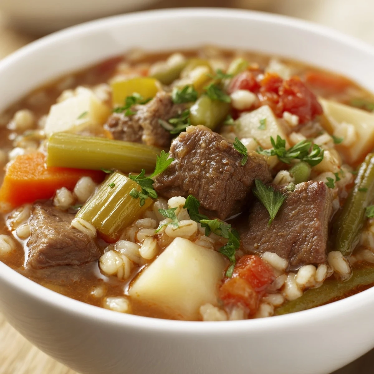 A close-up of a bowl of Hearty Beef and Vegetable Barley Stew garnished with fresh parsley, served alongside a slice of crusty bread for dipping.