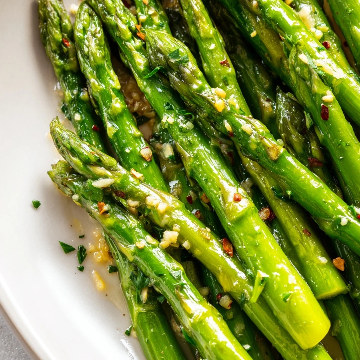 Freshly squeezed lemon juice and minced garlic flavor this vibrant Garlic Butter Lemon Asparagus, served warm alongside grilled chicken.