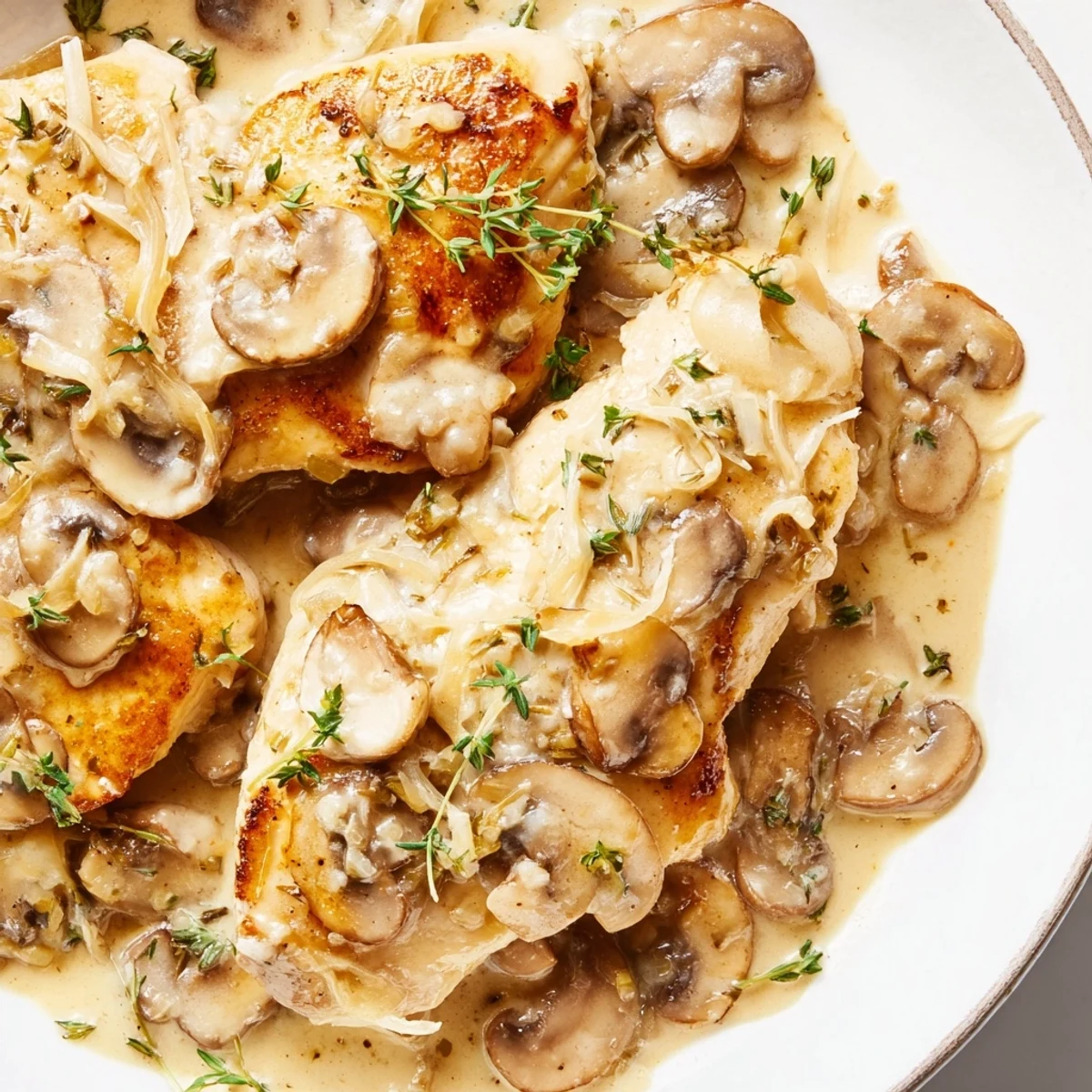 Golden, seared chicken breasts resting in a skillet, covered in a creamy mushroom chicken with garlic sauce and fresh parsley.