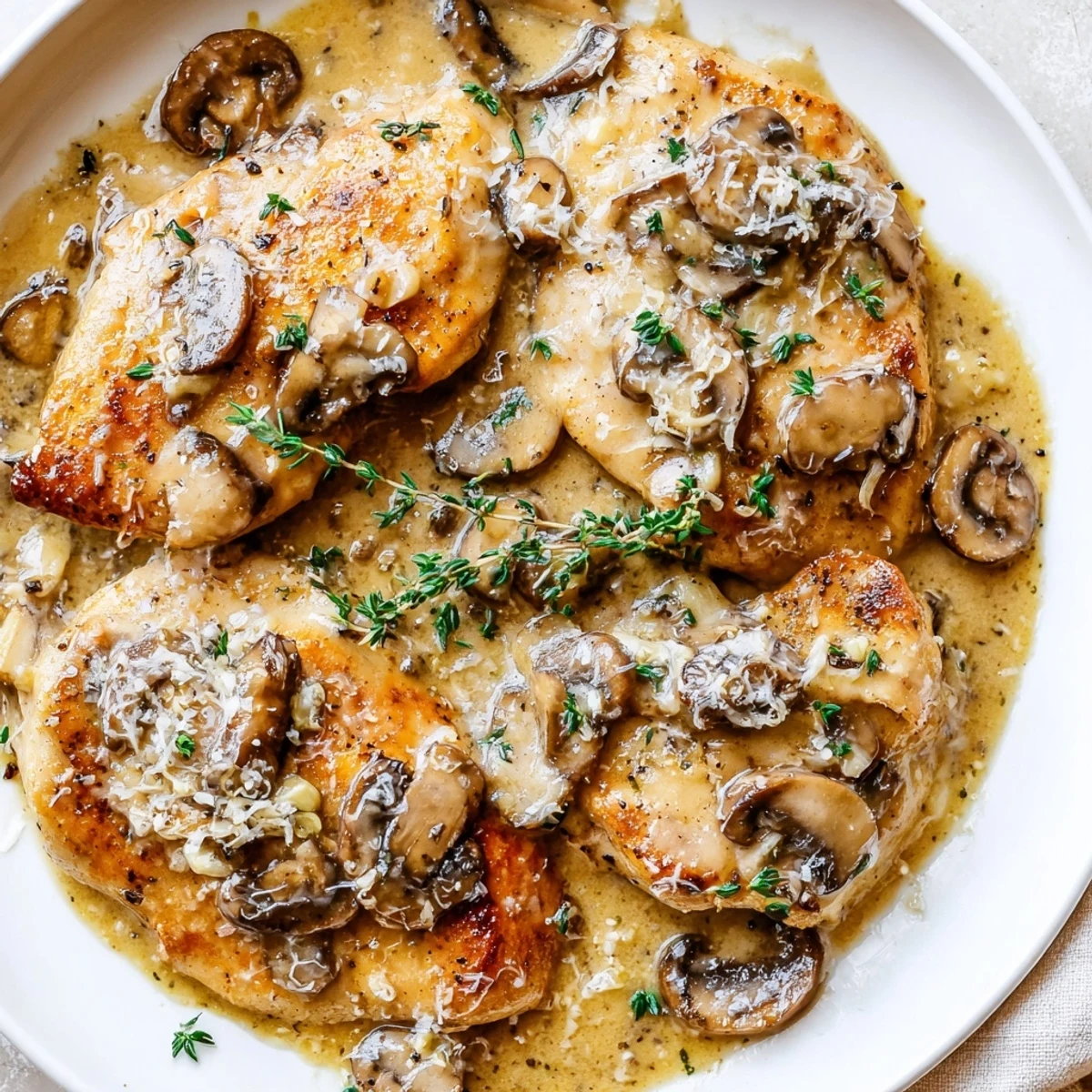 A rustic plate of creamy mushroom chicken with garlic served alongside fluffy mashed potatoes and a glass of white wine.
