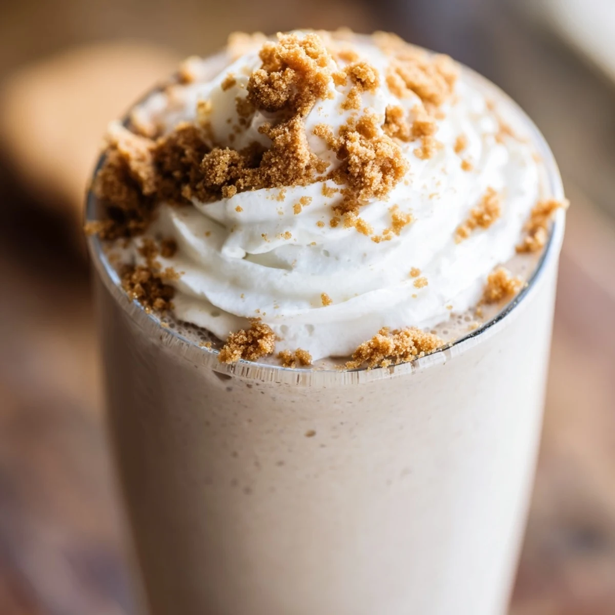 A creamy gingerbread smoothie with banana topped with crushed gingersnap cookies, evoking warm holiday spices.