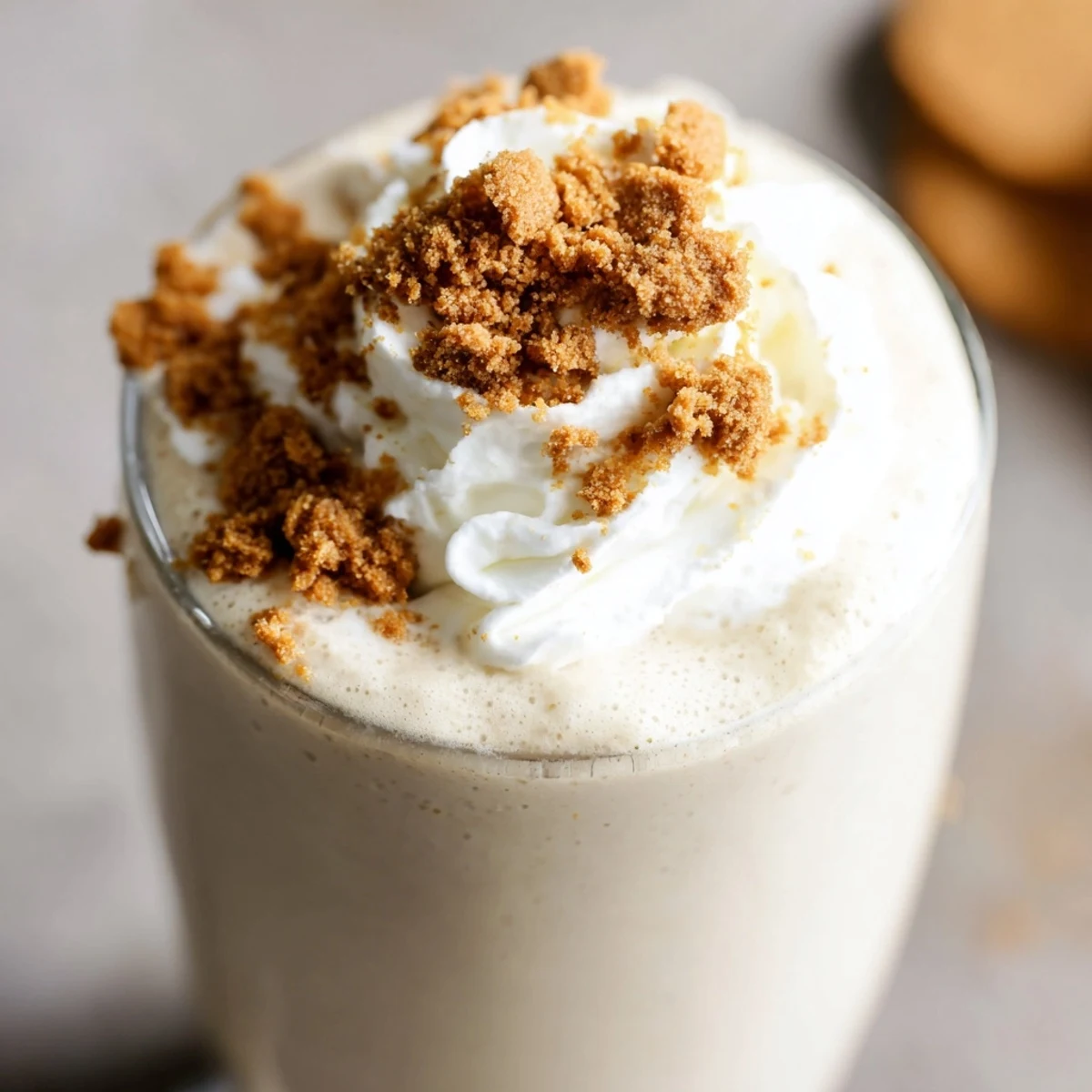 Whipped cream crowns a spiced gingerbread smoothie with banana, celebrating comforting winter beverage flavors.