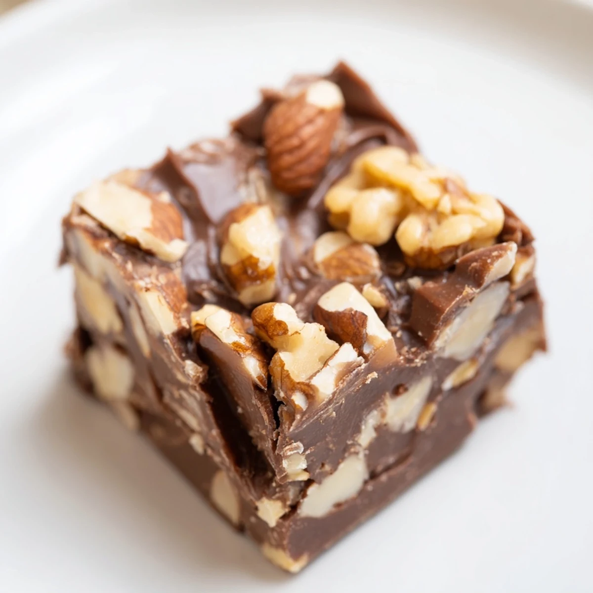 Slices of Chocolate Peanut Butter Fudge with Nuts showcase creamy texture and chopped nut topping, perfect for gifting or dessert.