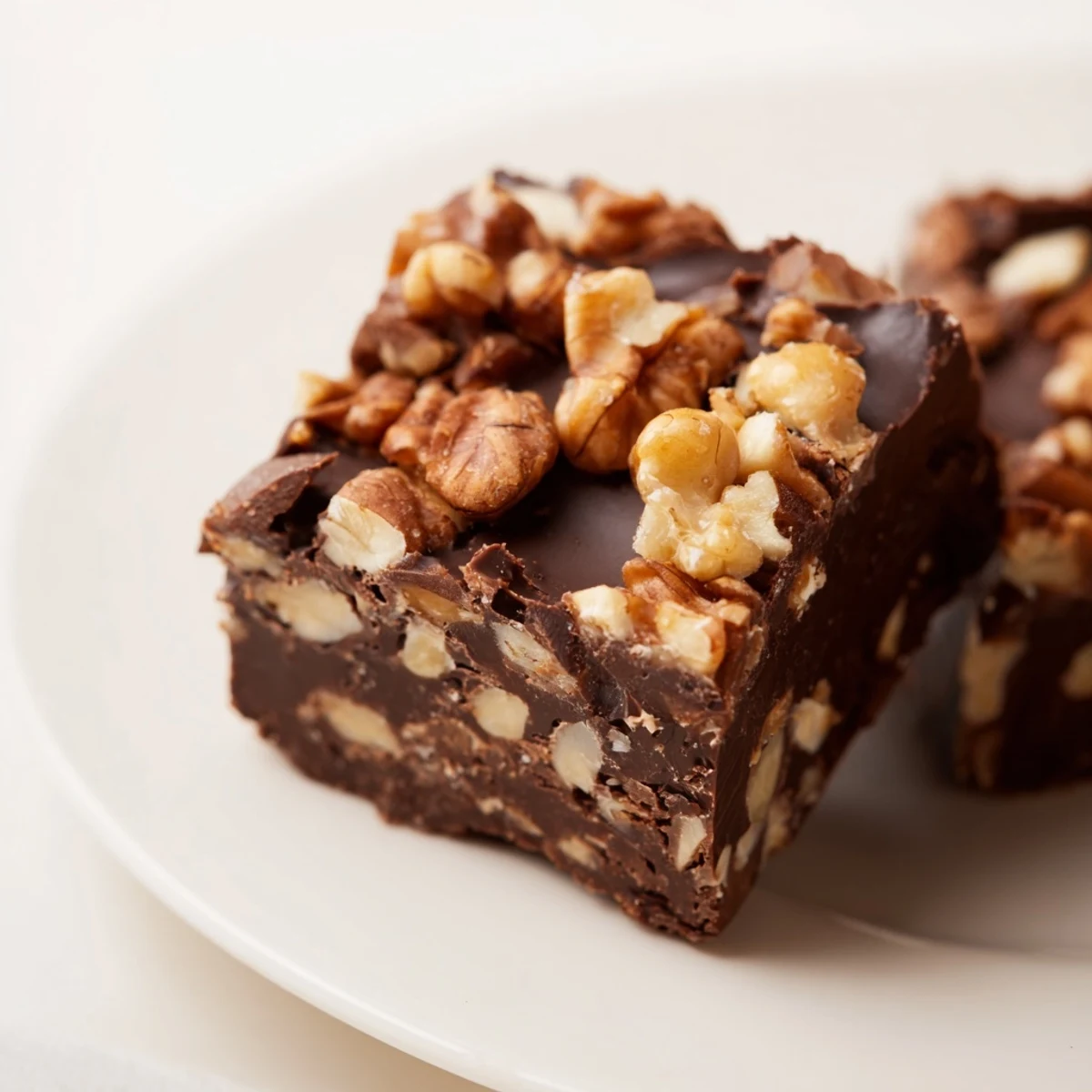 A hand lifts a bite of Chocolate Peanut Butter Fudge with Nuts, revealing rich layers of chocolate and peanut butter.