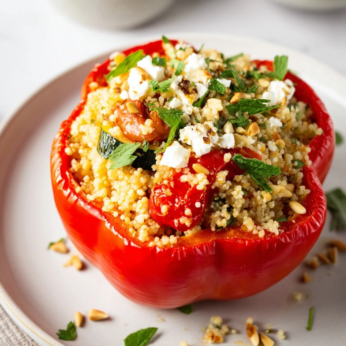 Golden-brown Mediterranean Stuffed Peppers with Couscous and feta cheese topped with pine nuts, baked until tender.