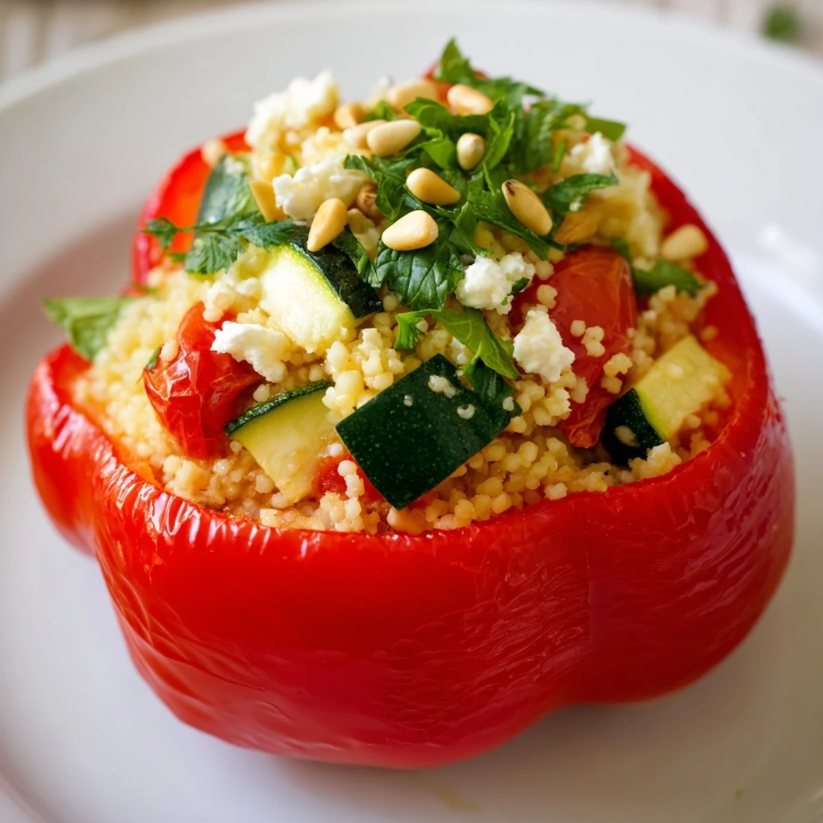 A close-up of Mediterranean Stuffed Peppers with Couscous, filled with herbs and vegetables, on a rustic plate.