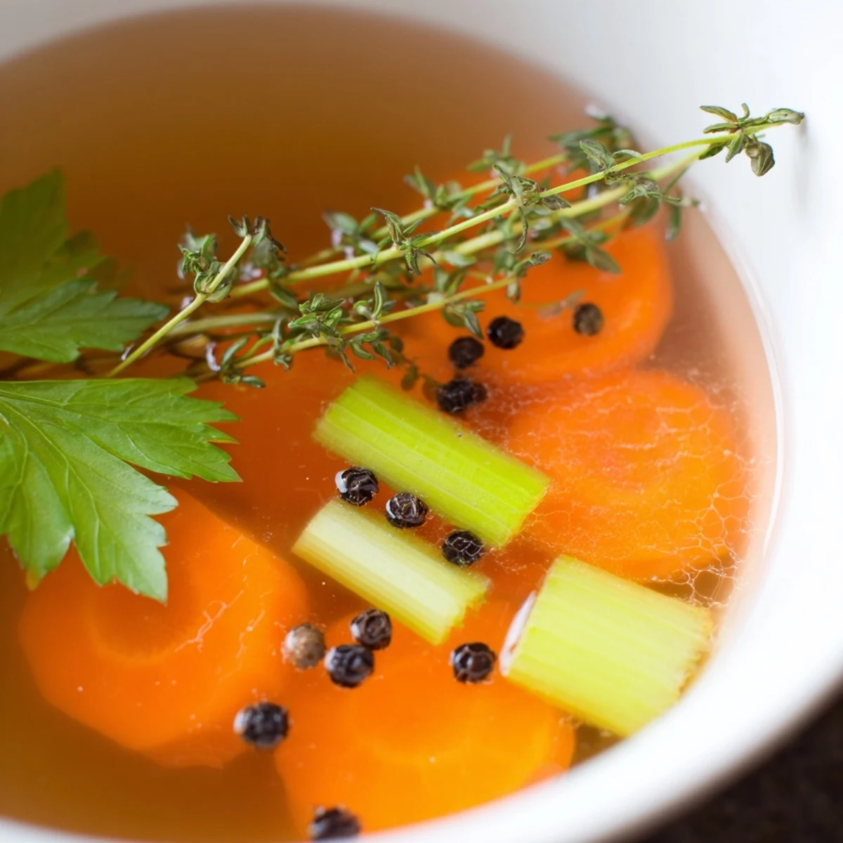 Homemade Vegetable Broth with Herbs steaming in a clear glass bowl, showcasing vibrant chopped carrots and celery.