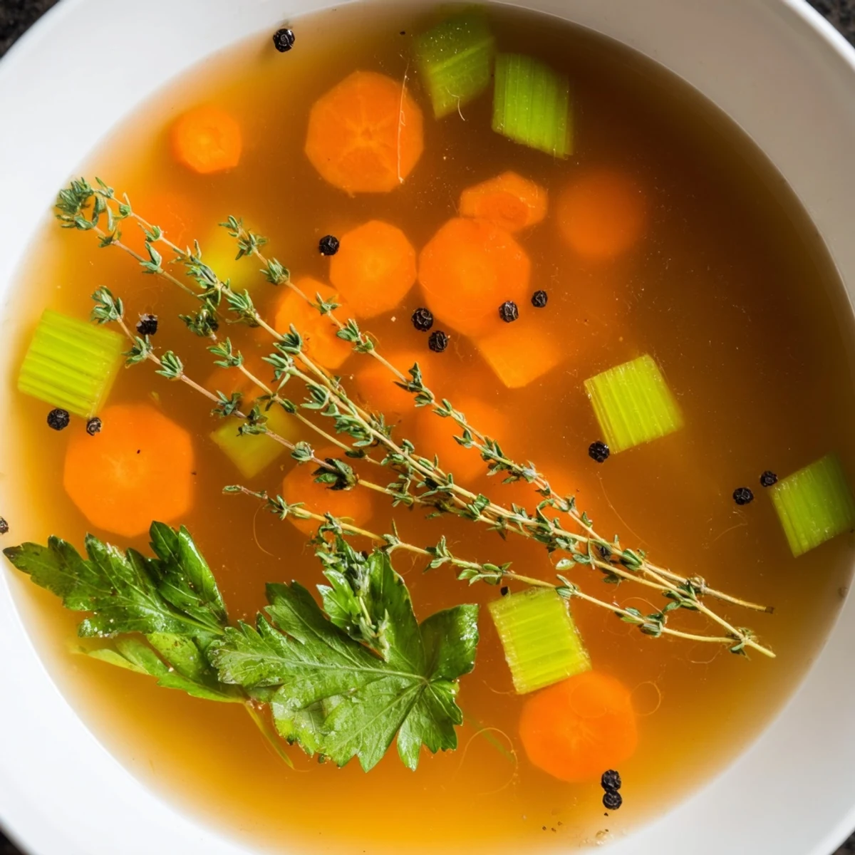 A fine-mesh sieve strains the golden Homemade Vegetable Broth with Herbs into a glass bowl on a rustic table.
