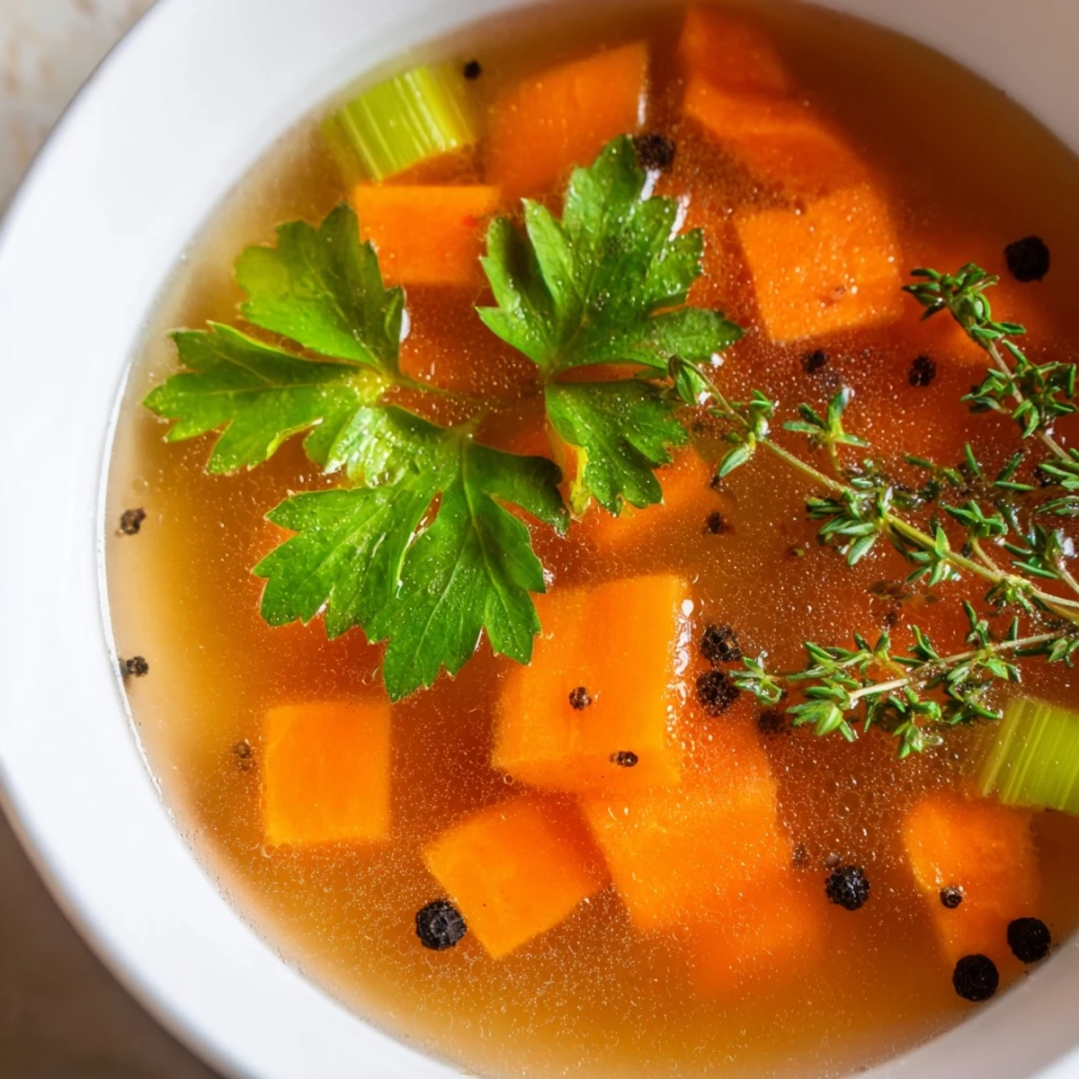 Close-up of simmering Homemade Vegetable Broth with Herbs in a stockpot, featuring thyme and bay leaves.