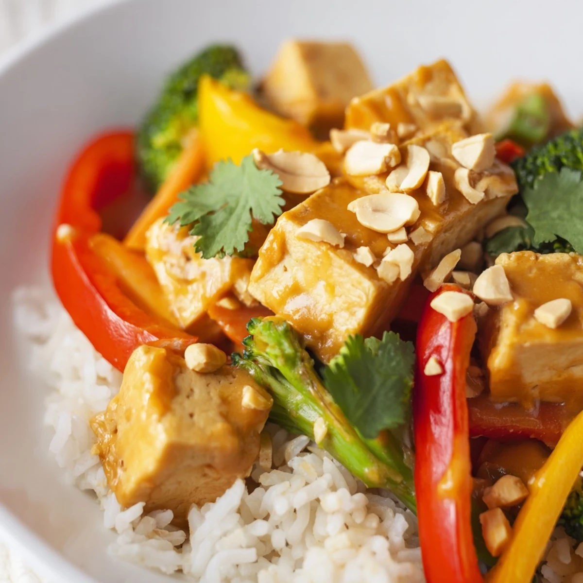 Crispy Tofu Stir Fry with Peanut Sauce served over fluffy rice with cilantro and lime wedges.