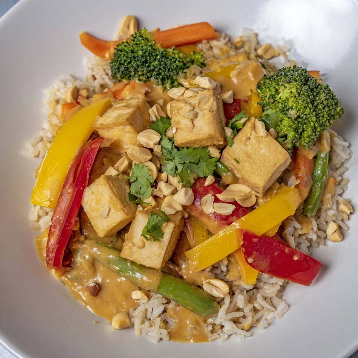 Colorful vegetables and golden tofu cubes coated in a rich peanut sauce in a wok.