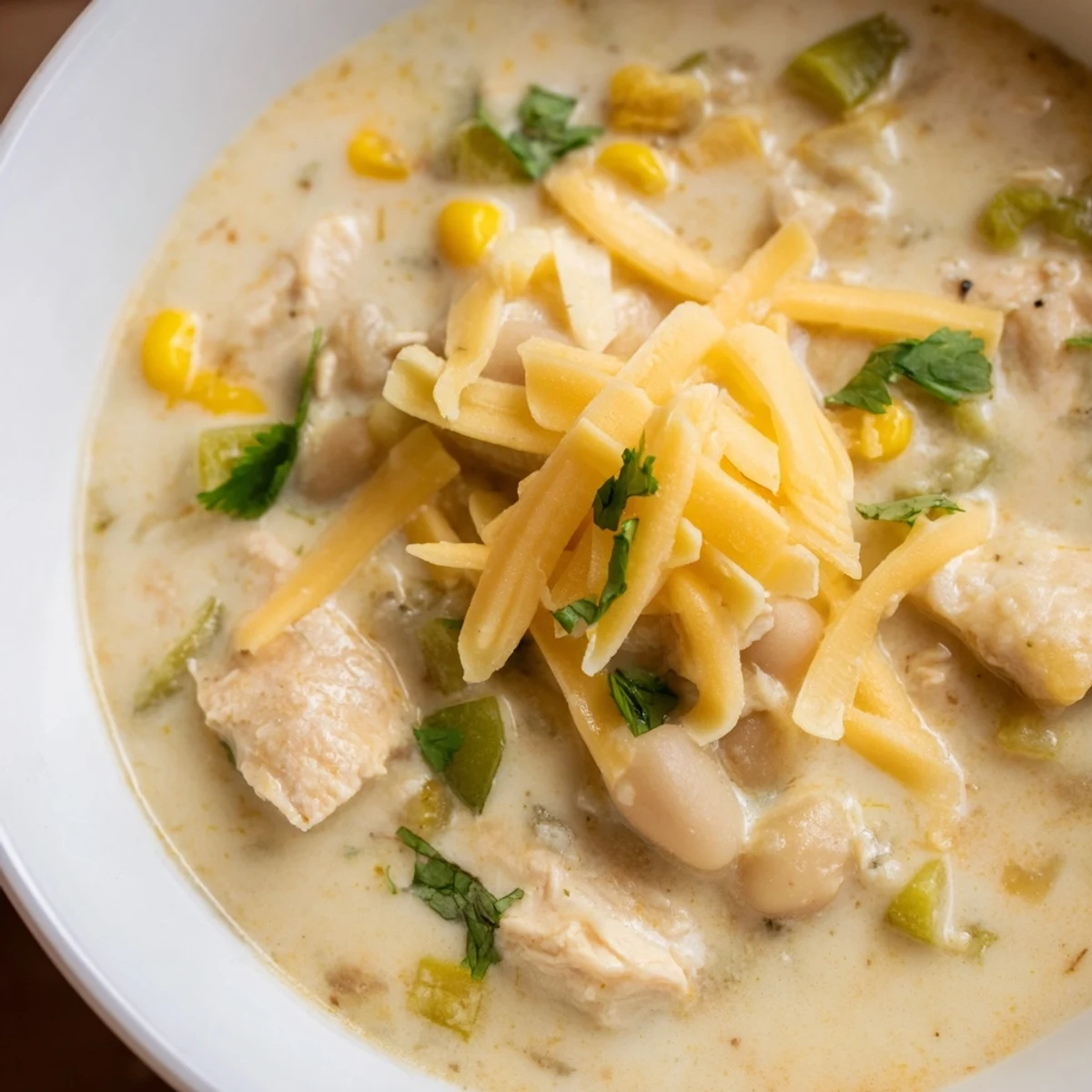 Hearty bowl of White Chicken Chili topped with Monterey Jack cheese, lime wedges, and a wooden spoon.