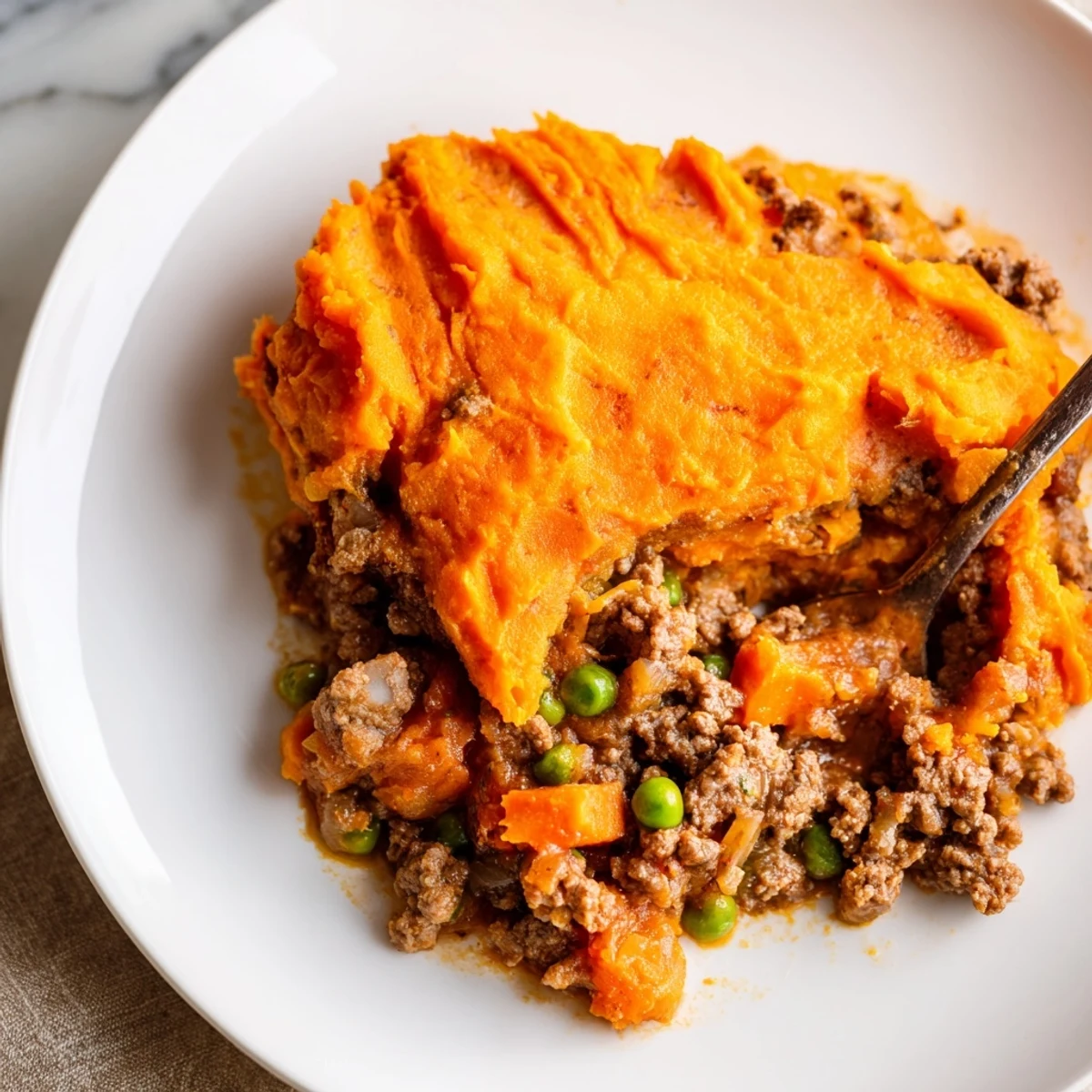 Golden-brown ridged sweet potato mash tops a bubbling beef filling with carrots and peas in a baking dish.