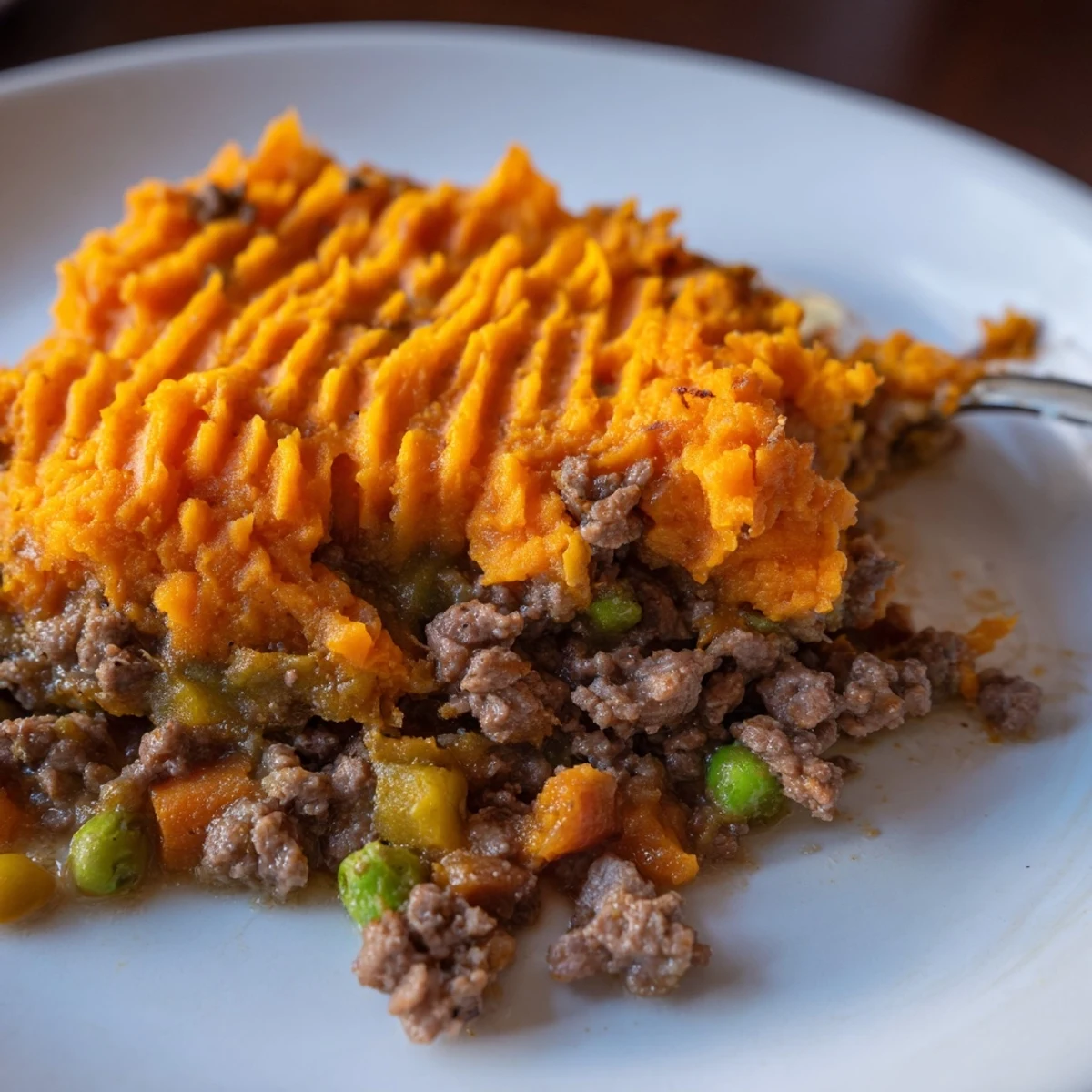 A close-up shows crispy sweet potato edges and steam rising from this comforting casserole ready to serve.