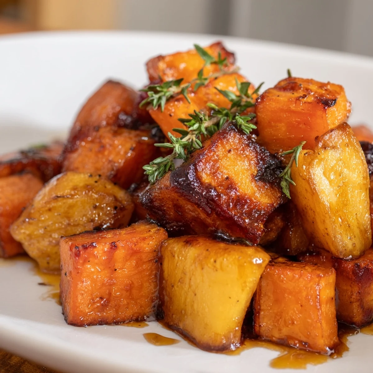Roasted root vegetables with maple syrup, golden and tender, served warm alongside a holiday roast.