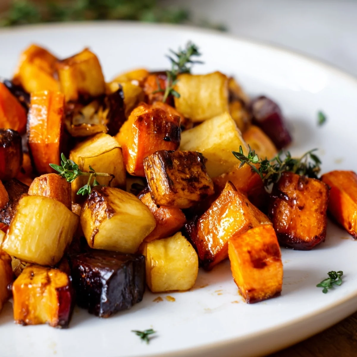 Oven-roasted root vegetables with maple syrup glaze, glistening and caramelized on a parchment-lined baking sheet.