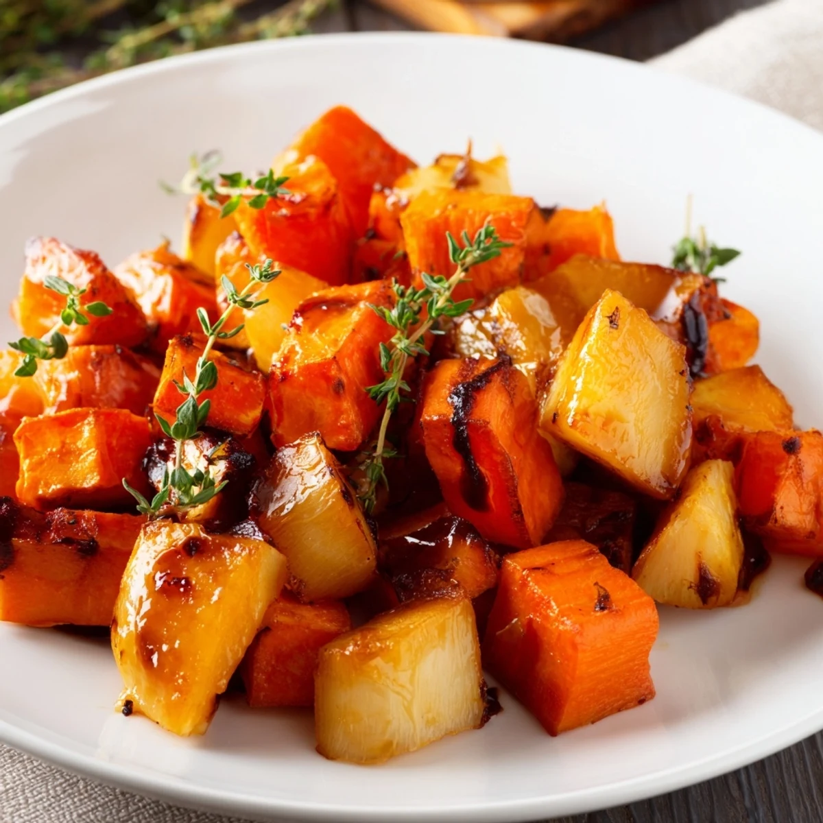 Vibrant roasted root vegetables with maple syrup garnished with fresh thyme on a rustic serving platter.