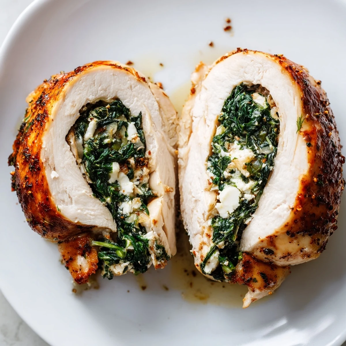 Golden-brown Spinach and Feta Stuffed Chicken Breast resting on a white plate, showcasing a cross-section of the vibrant green filling.