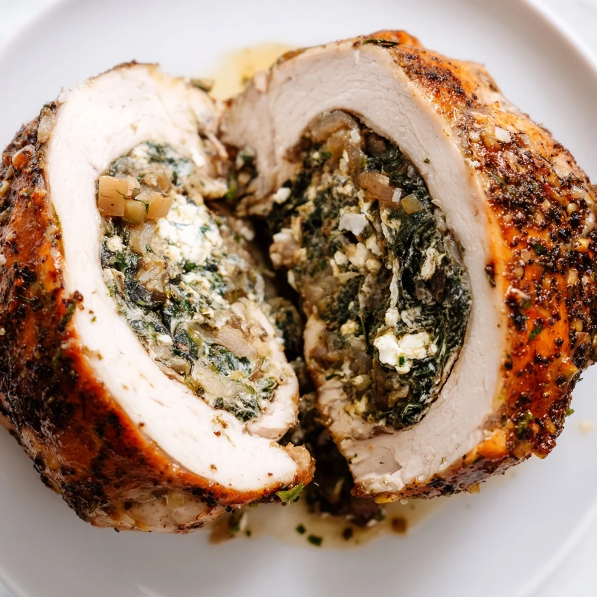 Slice of juicy Spinach and Feta Stuffed Chicken Breast served on a plate with roasted potatoes and fresh lemon wedges.