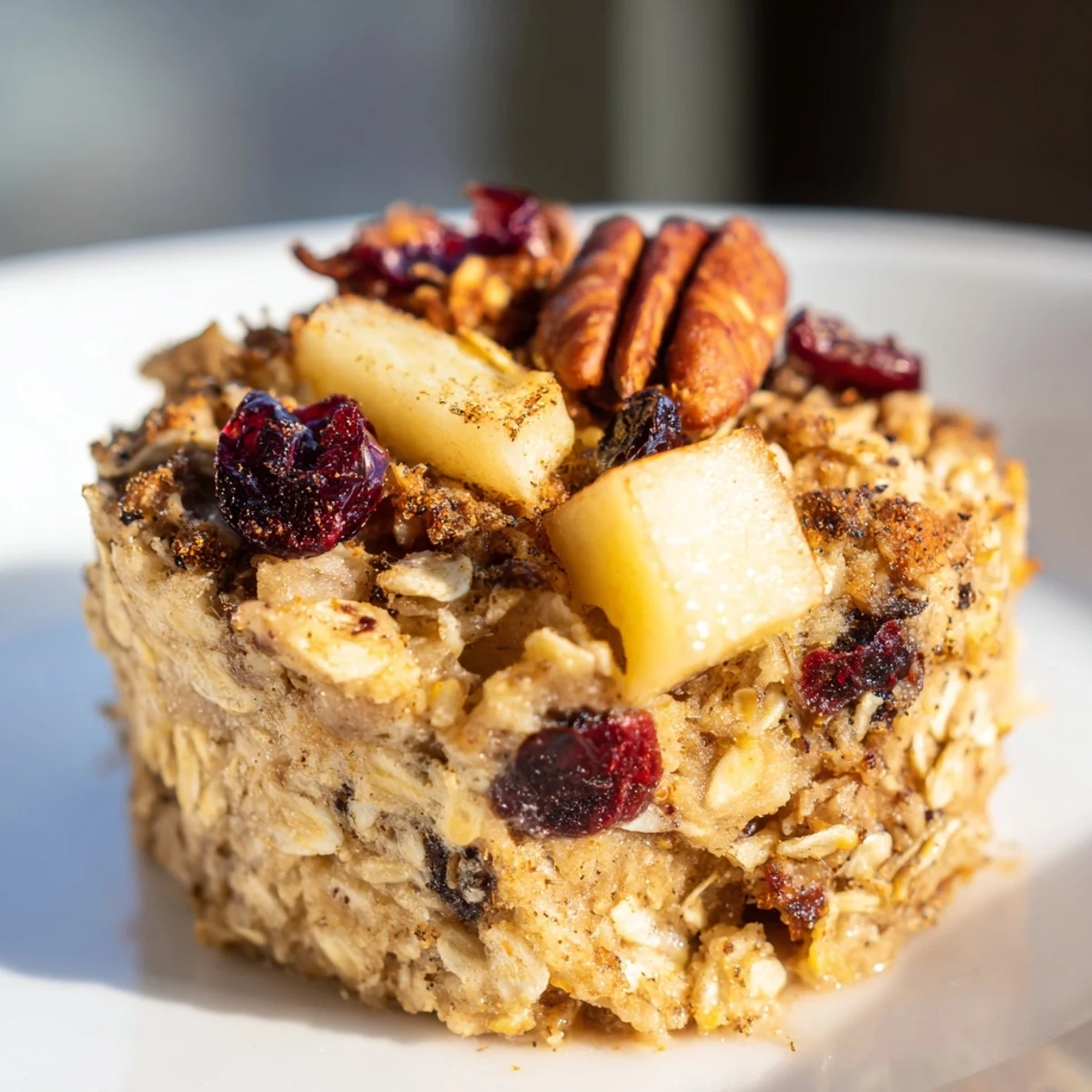 Perfectly moist Apple Cinnamon Baked Oatmeal Cups with diced apples are cooling on a wooden board, ideal for a healthy grab-and-go snack.
