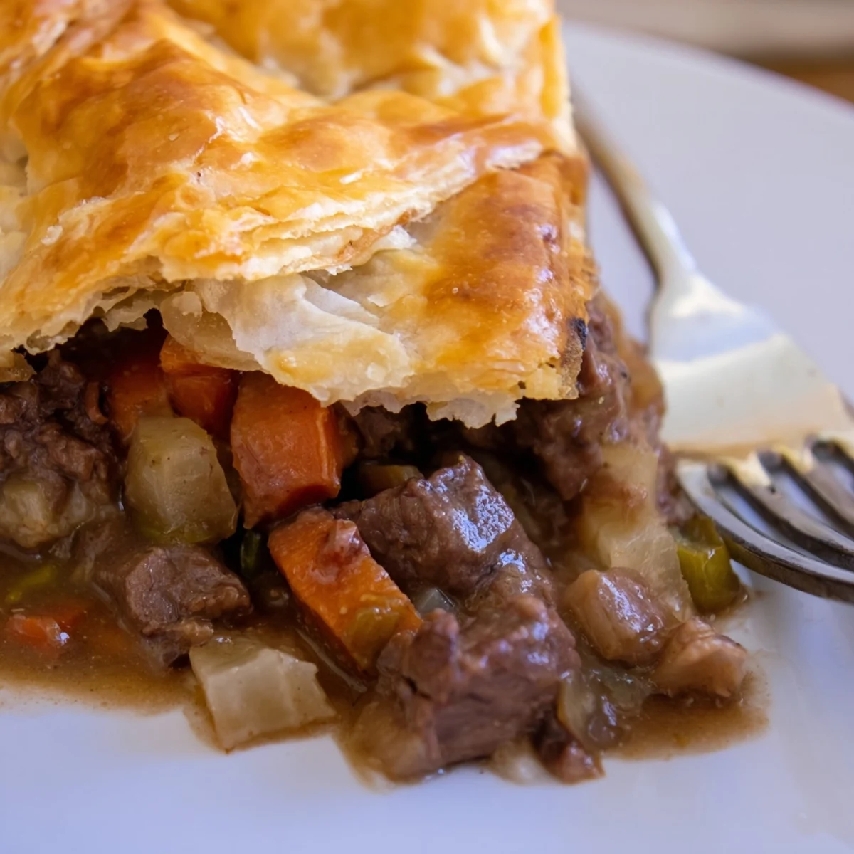 Freshly baked Beef Pie with Crust from the oven, showcasing golden, flaky pastry top ready to slice.