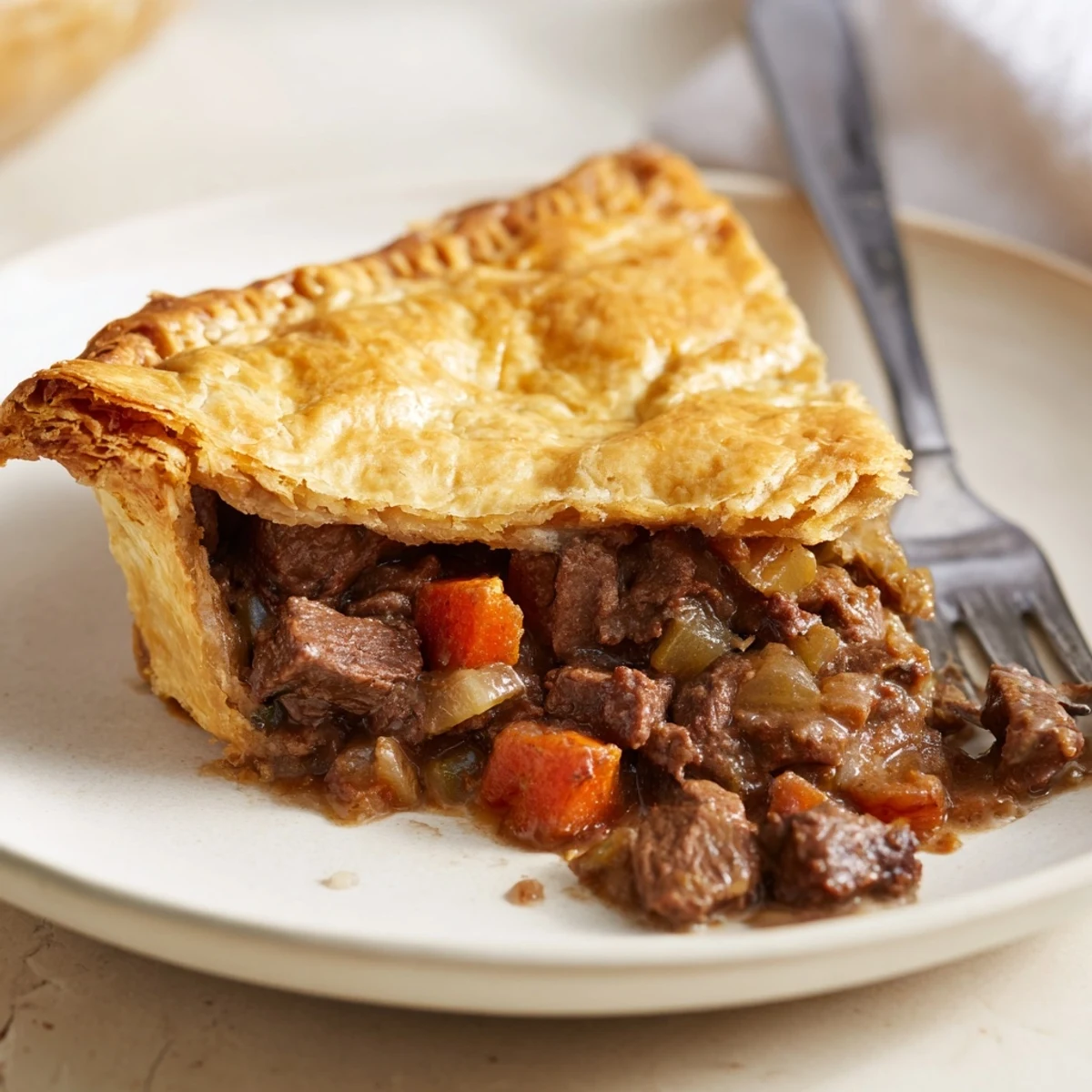 Golden, flaky Beef Pie with Crust sits beside creamy mashed potatoes and fresh green beans.