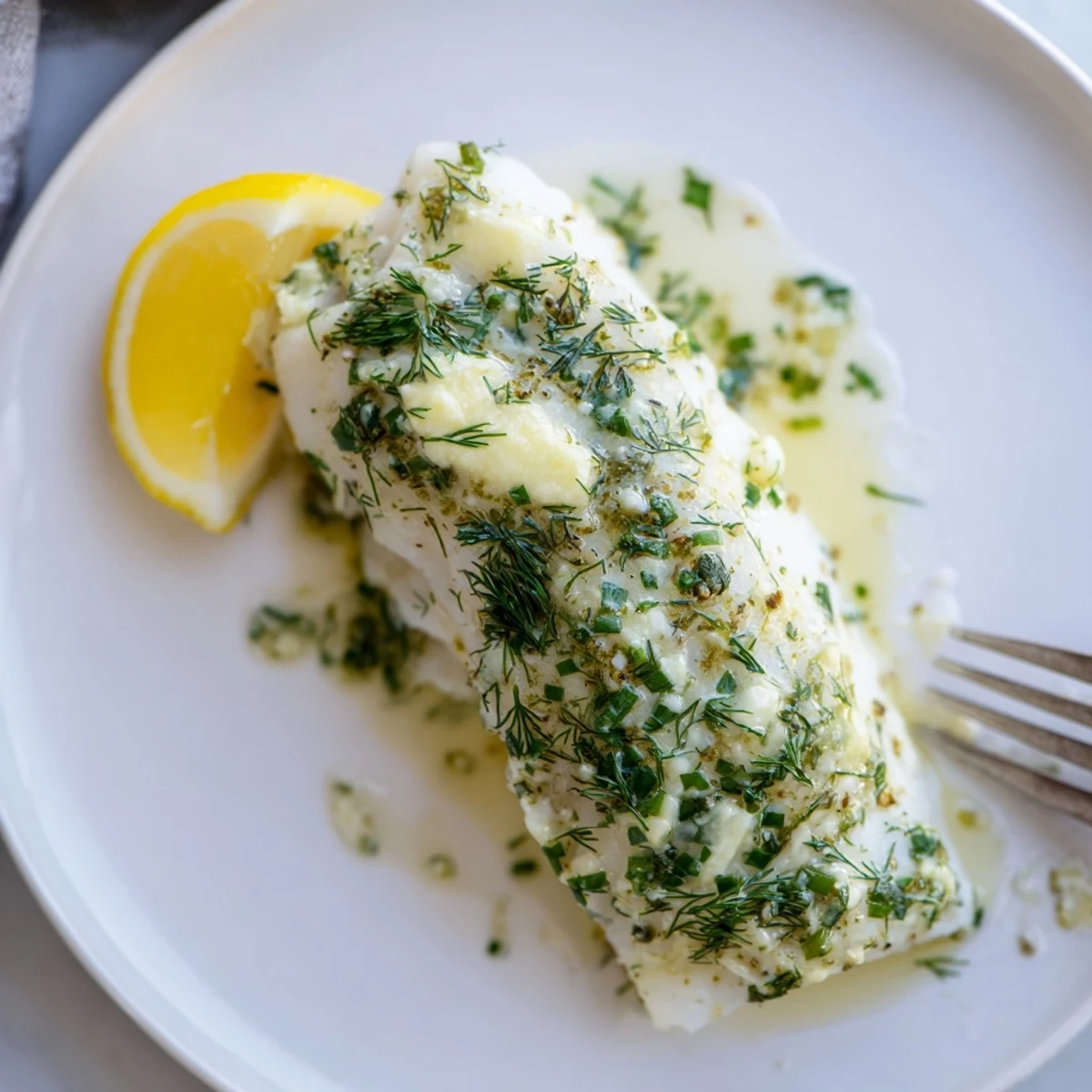 Golden baked cod with herb butter, topped with fresh parsley and dill, served beside roasted potatoes.