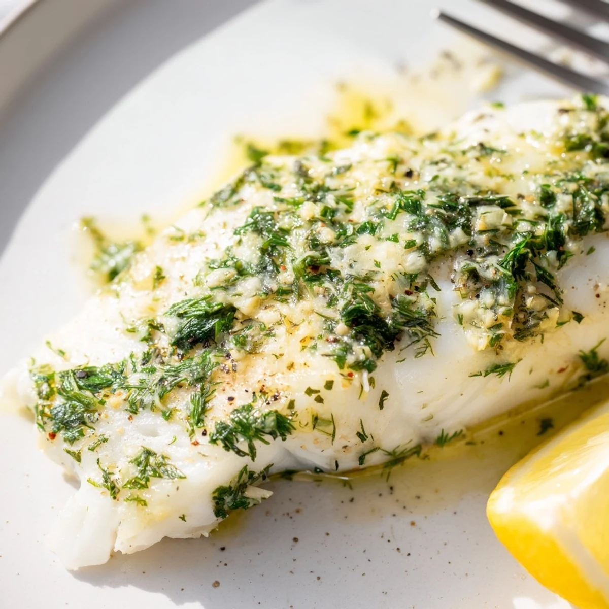 Tender baked cod with herb butter, flaky and moist, garnished with lemon wedges on a white plate.