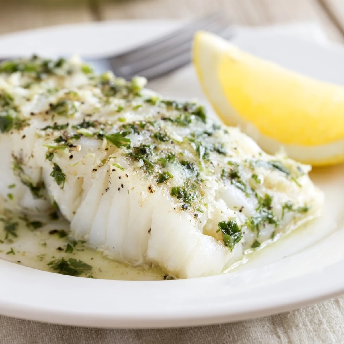 Flaky baked cod with herb butter glistening, bright lemon wedges on the side for a fresh squeeze.