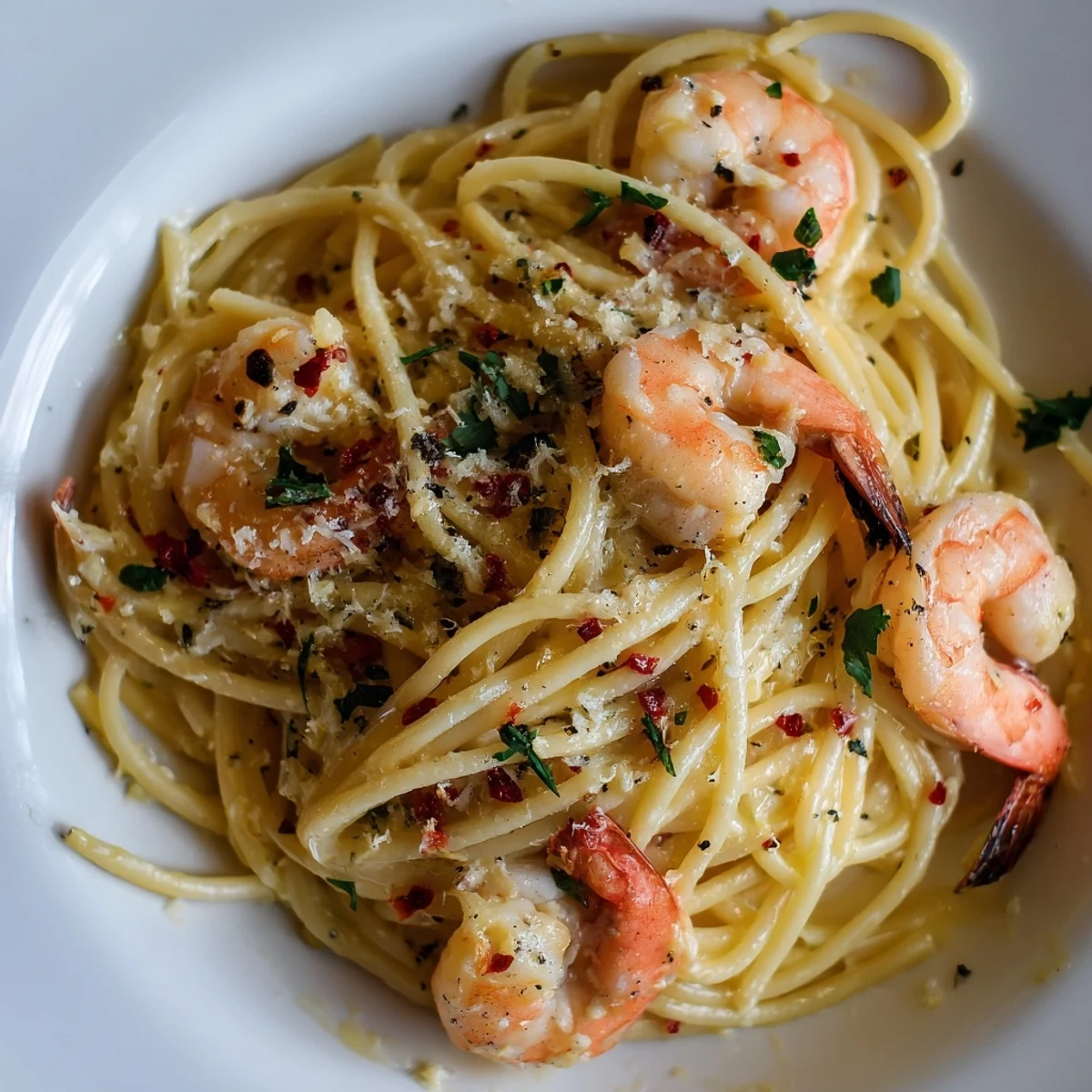 Lemon Shrimp Pasta plated with al dente spaghetti and juicy pink shrimp in a glossy lemon-garlic sauce, garnished with fresh parsley and lemon wedges.