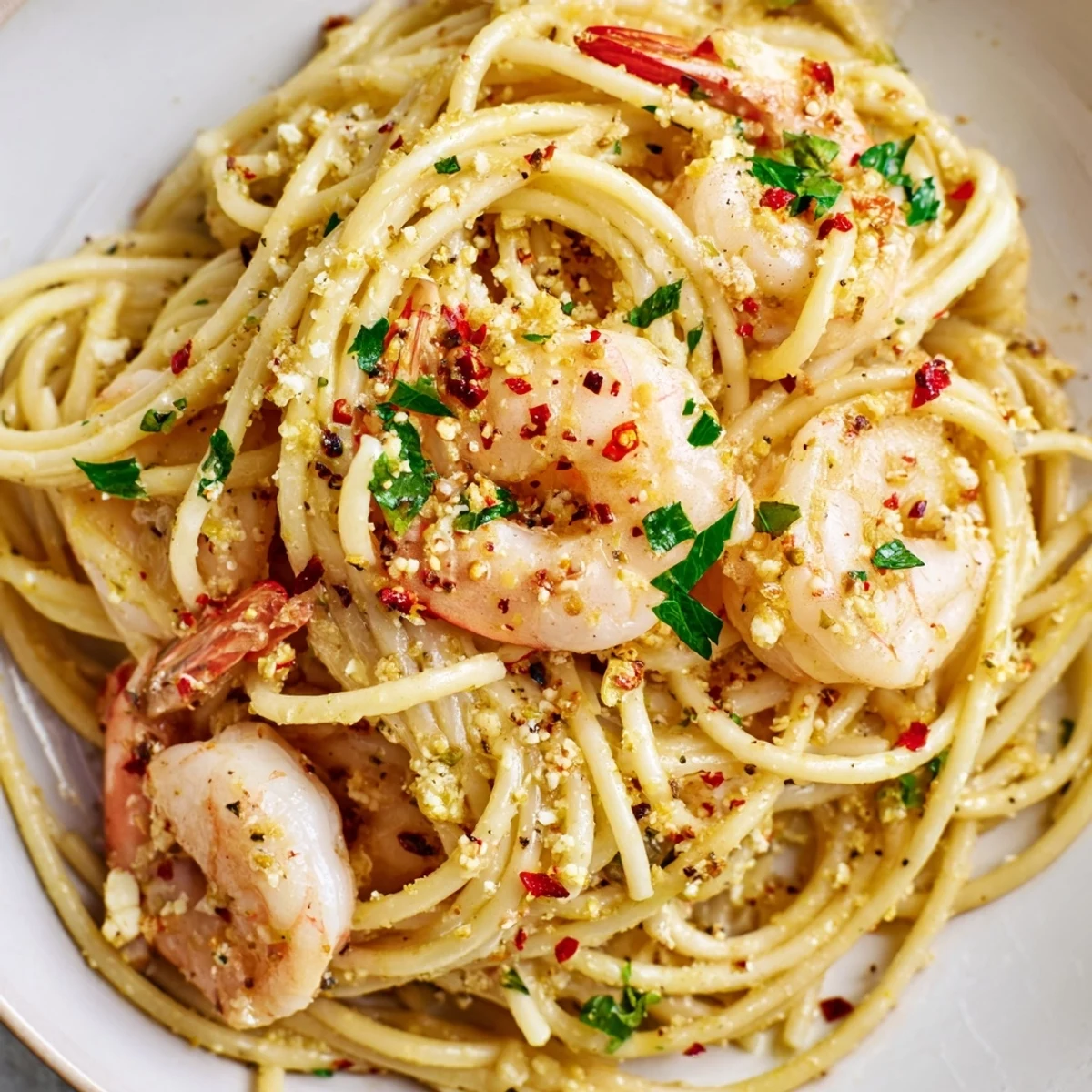 Bright, close-up view of Lemon Shrimp Pasta twirled on a fork, steam rising from garlicky, buttery strands flecked with parsley and chili flakes.