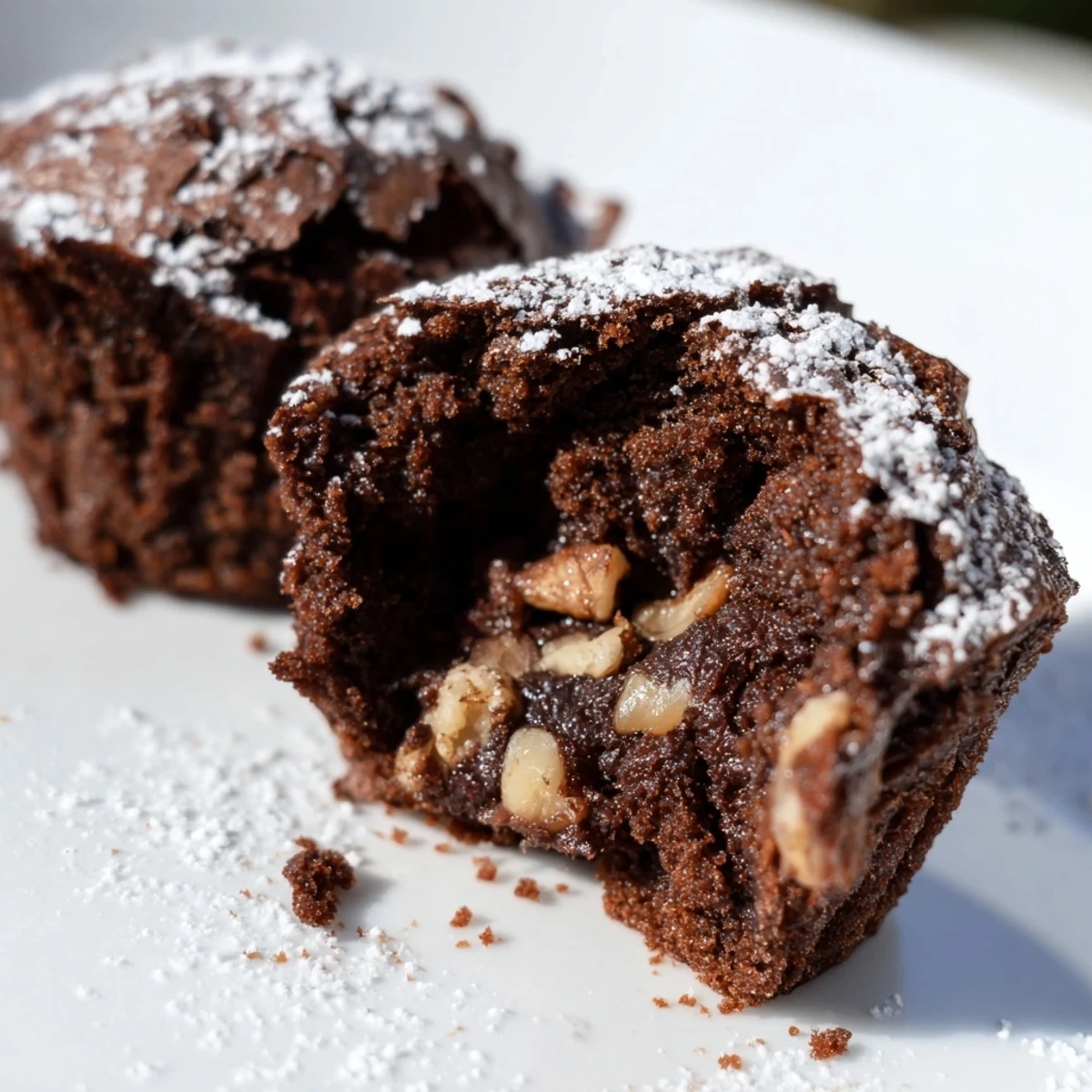 Chocolate Brownie Bites stacked on a white plate, showcasing a gooey, fudgy center.
