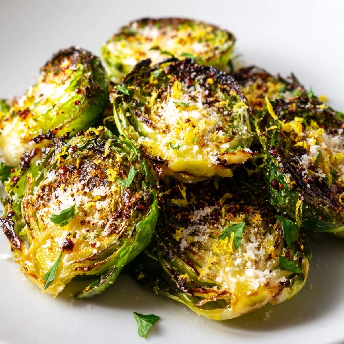 Golden Roasted Sprout Halves, halved and roasted to crispy perfection on a baking sheet.