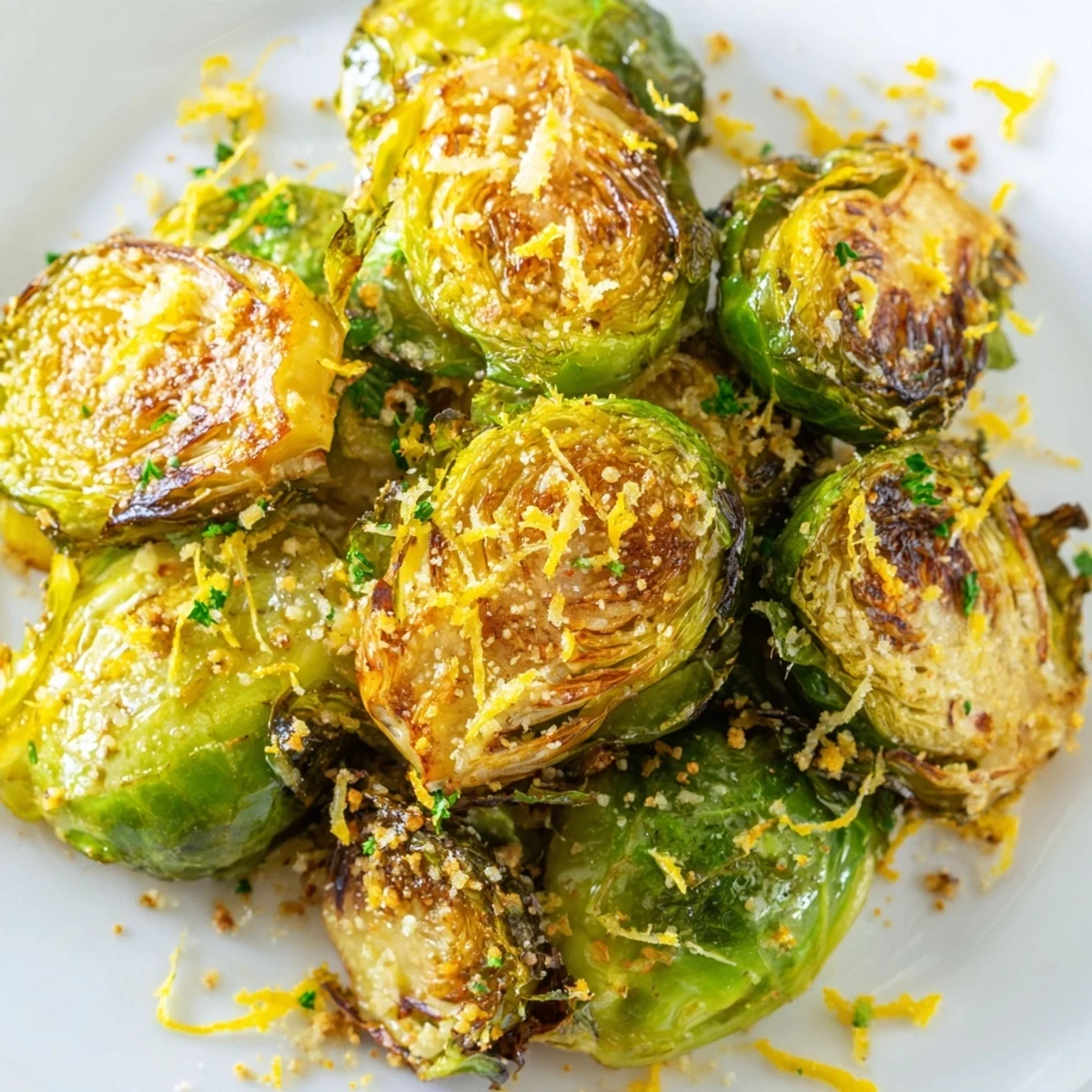 Freshly roasted Brussels sprouts halves, topped with Parmesan and lemon zest on a white plate.