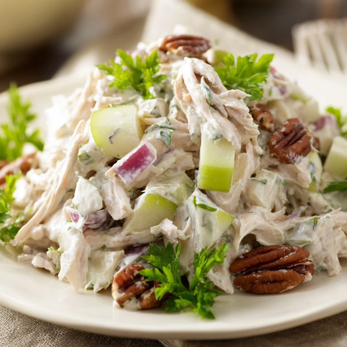 Creamy Chicken Pecan Salad served on fresh mixed greens, garnished with chopped parsley for a vibrant lunch.