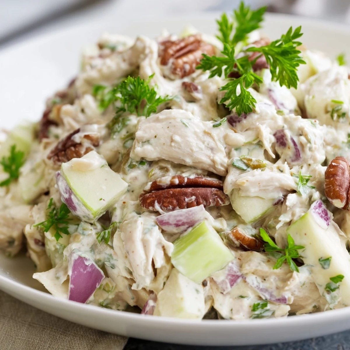 Freshly diced apples and celery mixed into a savory Chicken Pecan Salad, showing the creamy texture up close.