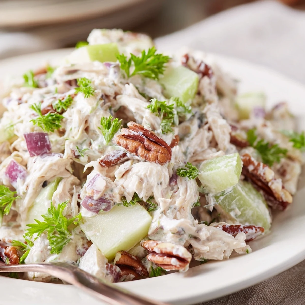 Ready-to-eat Chicken Pecan Salad featuring toasted pecans and shredded chicken, ideal for a quick gluten-free dinner.