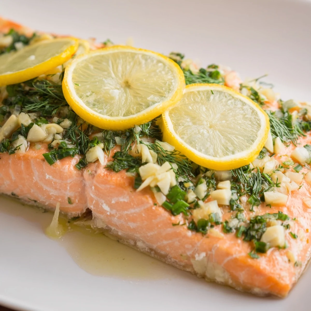Golden-brown Baked Salmon with Lemon and Herbs sits on a baking tray, garnished with fresh parsley and dill.