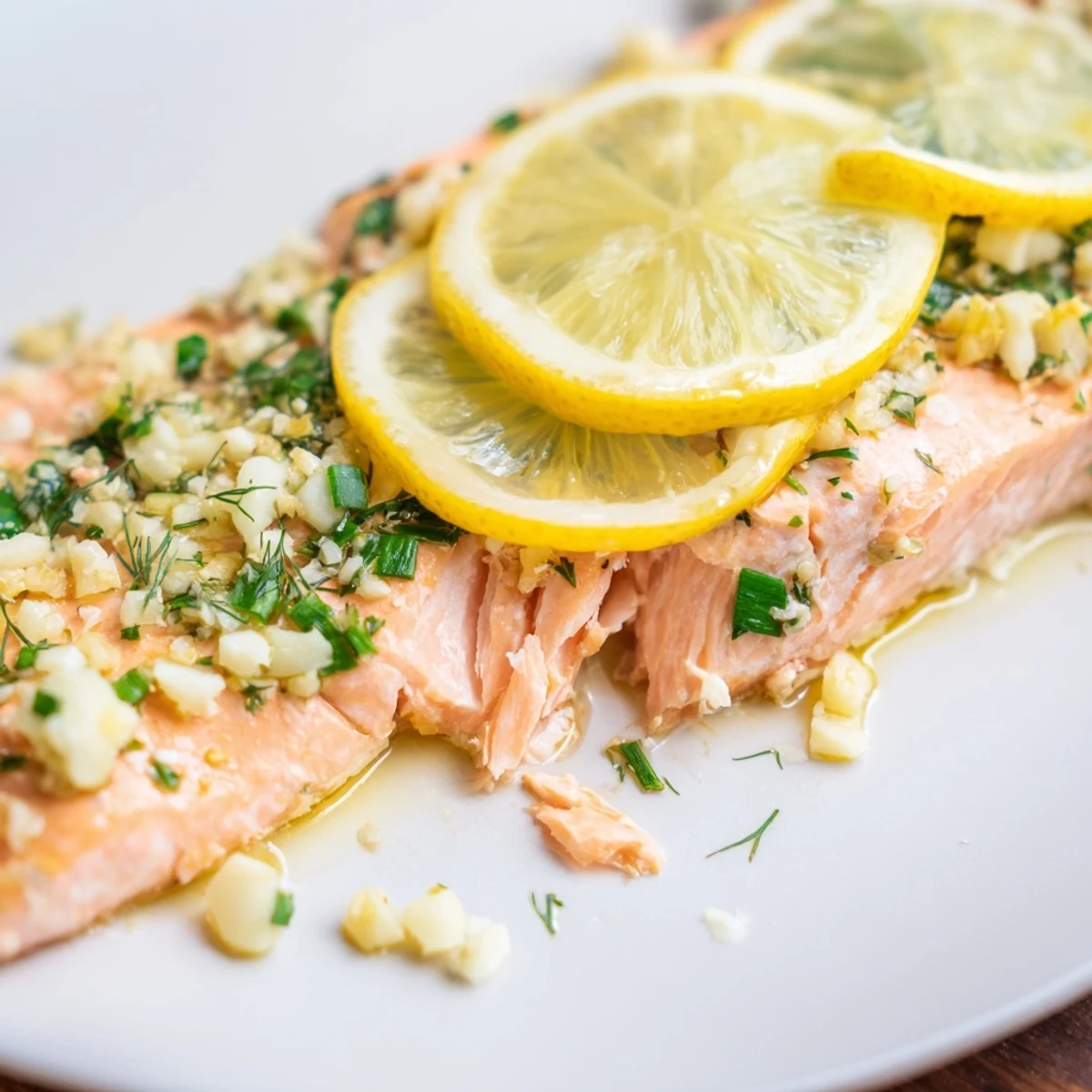 Moist and flaky Baked Salmon with Lemon and Herbs topped with caramelized lemon slices and fresh herbs on a white plate.
