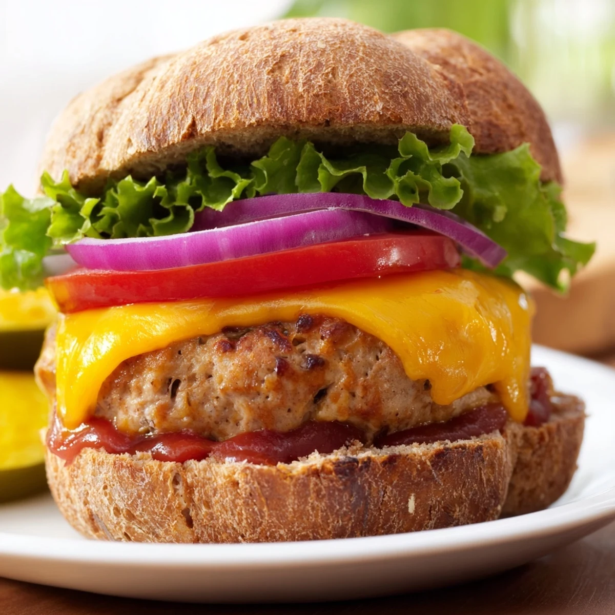 Close-up of a savory turkey cheese burger with melted cheese, ready to serve with ketchup and French fries.