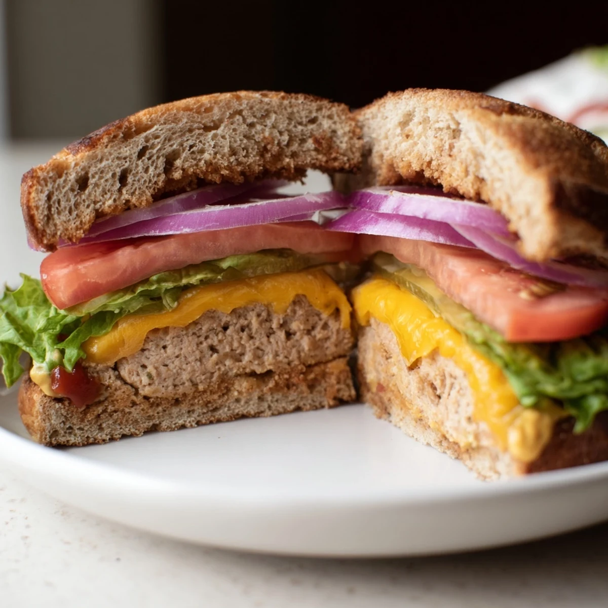 A juicy turkey cheese burger, cooked to perfection, stacked high with fresh veggies and tangy sauce on a plate.