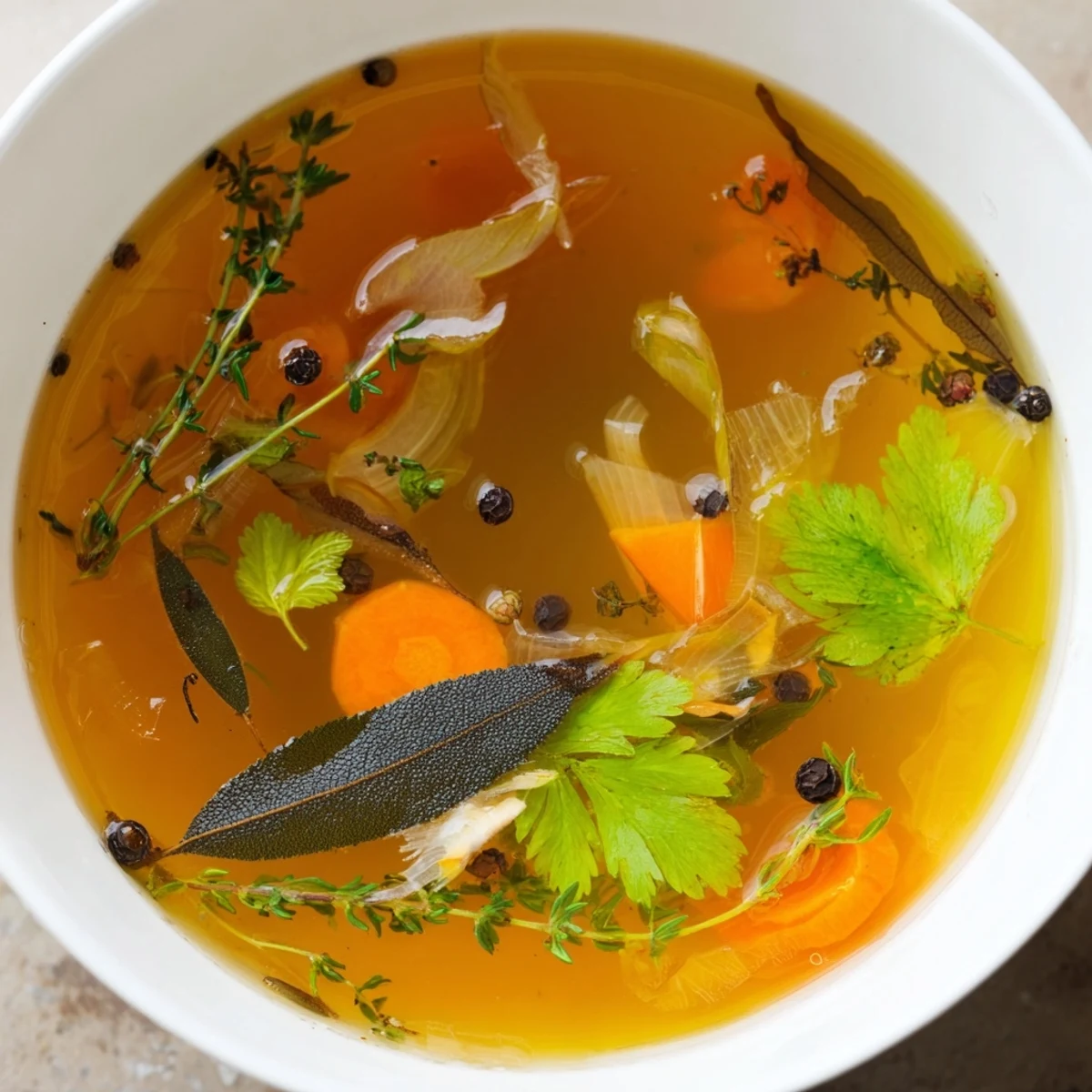 A pot of golden Homemade Vegetable Broth with Herbs and Scraps, simmering with onions, carrots, and celery.