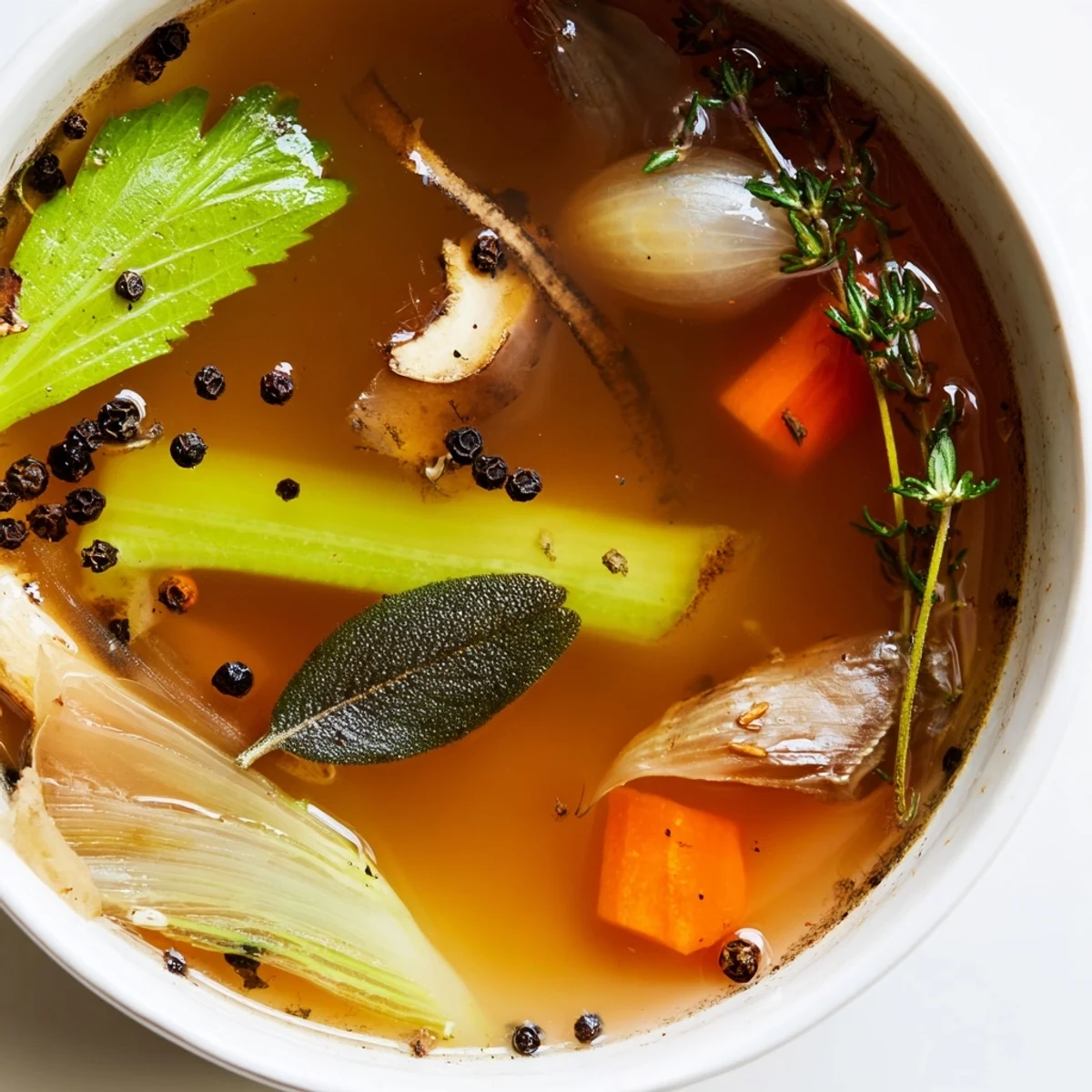 Straining Homemade Vegetable Broth with Herbs and Scraps through a sieve, removing cooked onions, carrots, and celery.